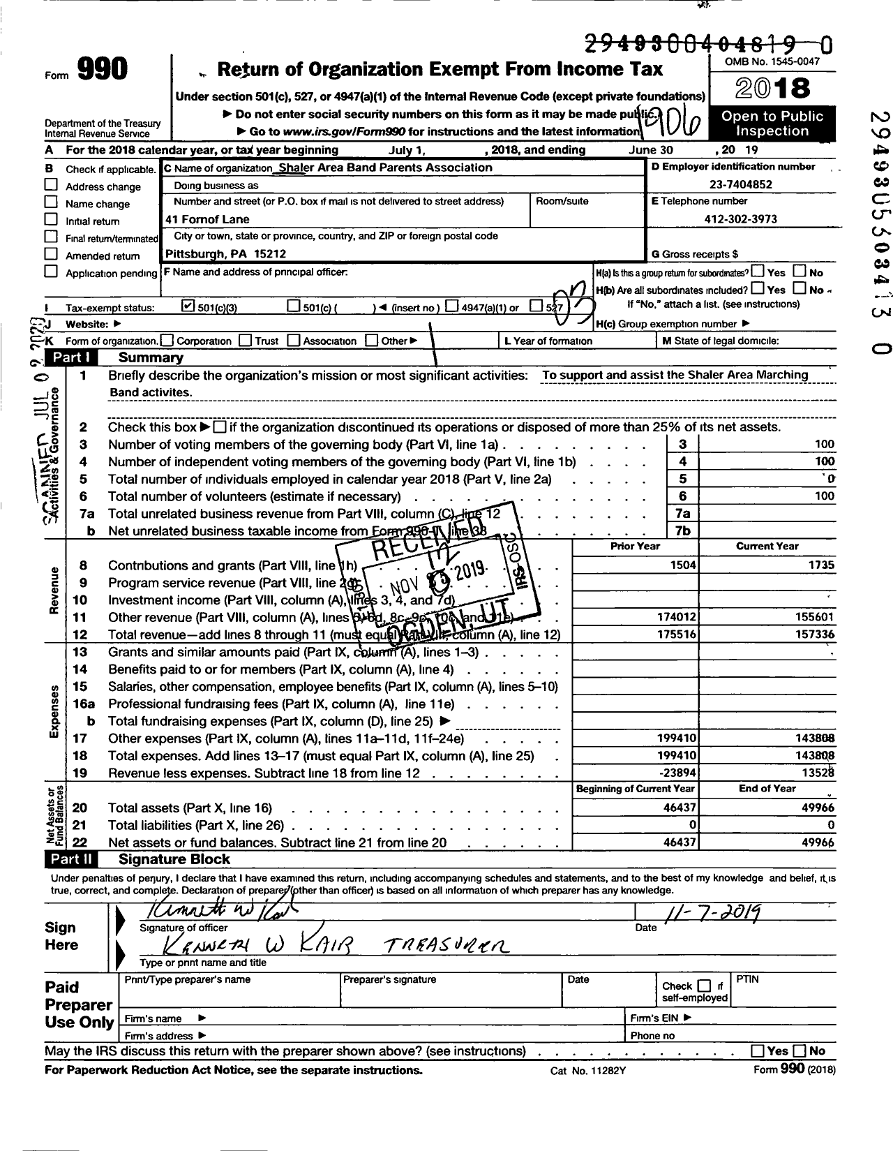 Image of first page of 2018 Form 990 for Shaler Area Band Parents Association Shaler Area High School