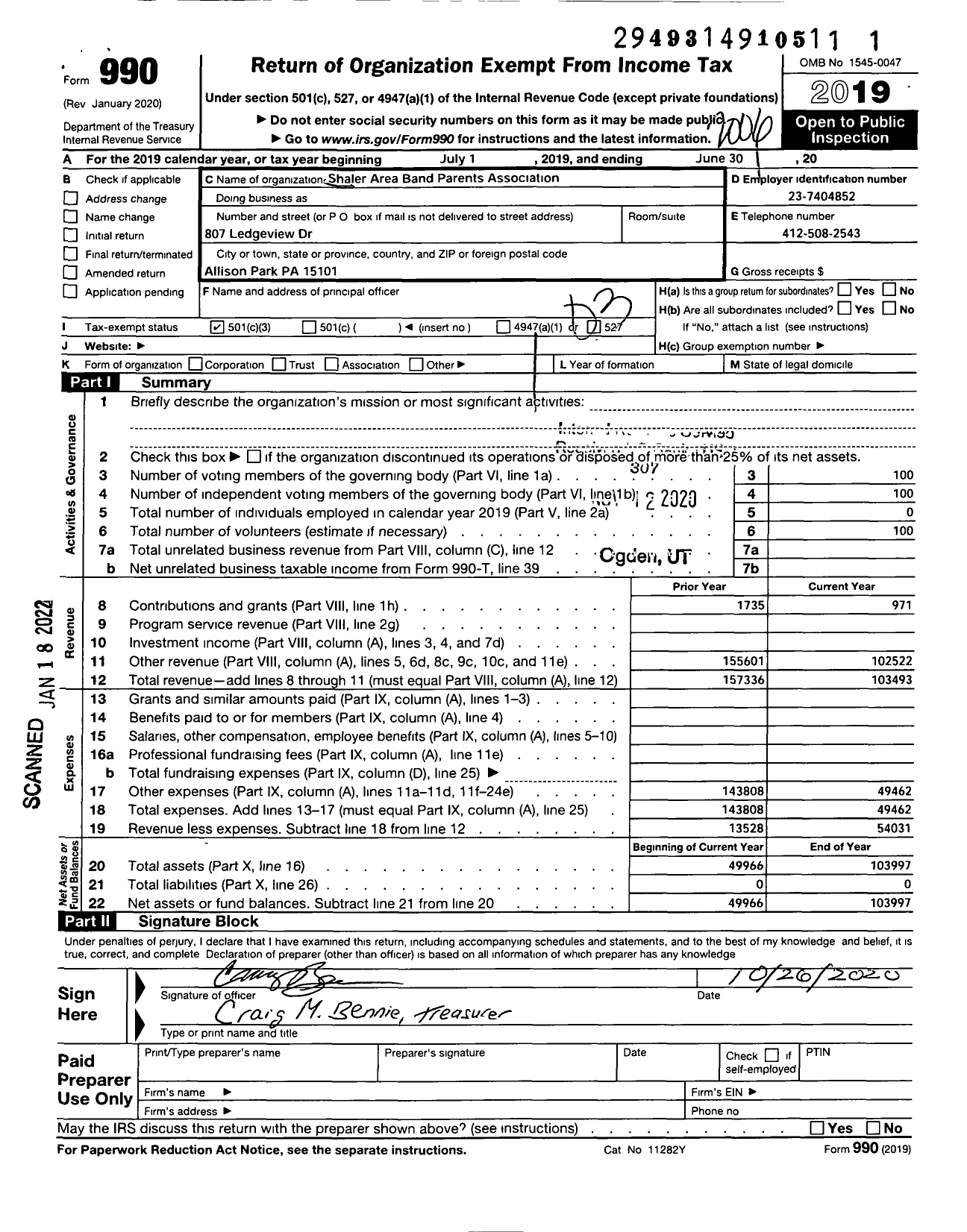 Image of first page of 2019 Form 990 for Shaler Area Band Parents Association Shaler Area High School