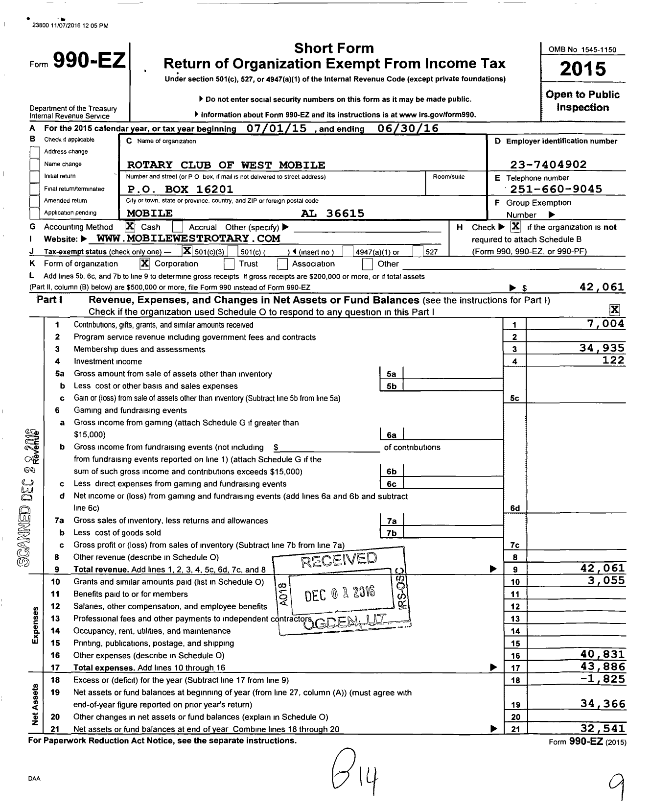 Image of first page of 2015 Form 990EZ for Rotary International - Mobile West Rotary Club