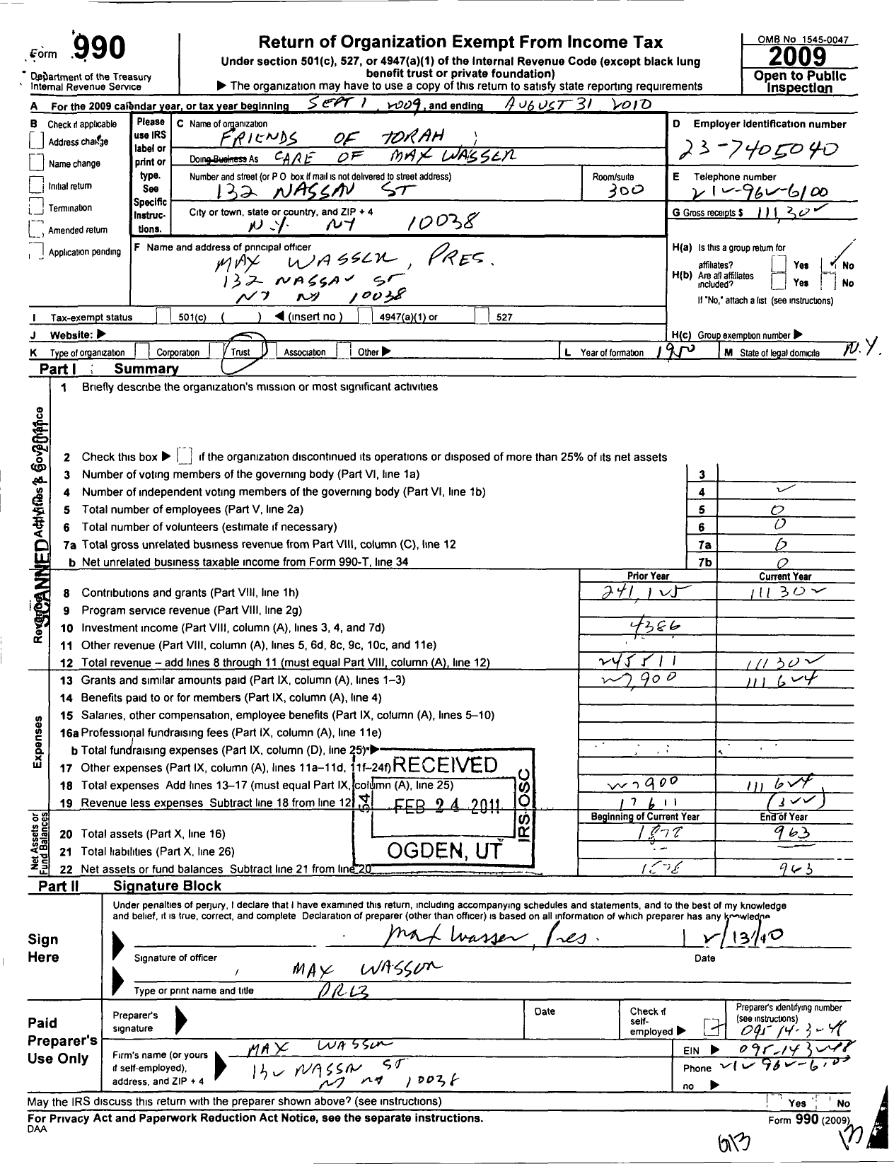 Image of first page of 2009 Form 990O for Friends of Torah