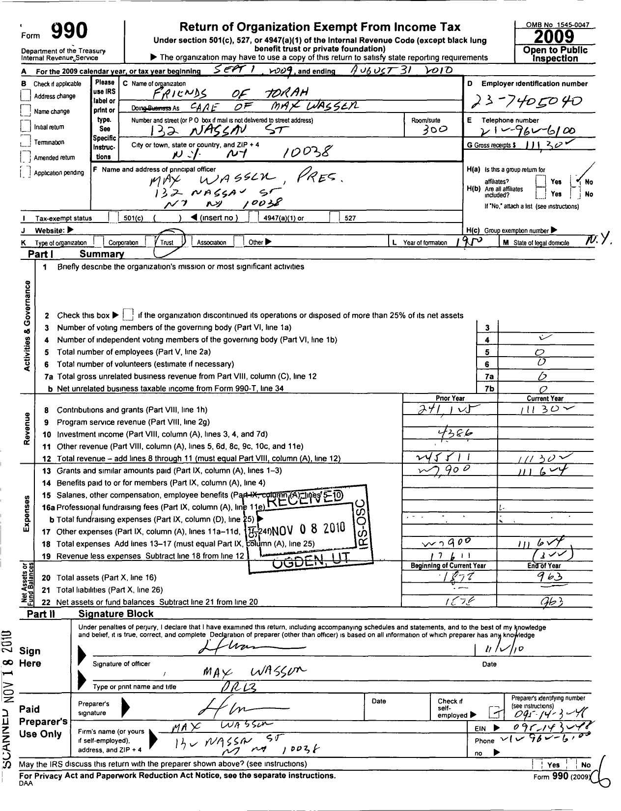 Image of first page of 2009 Form 990O for Friends of Torah