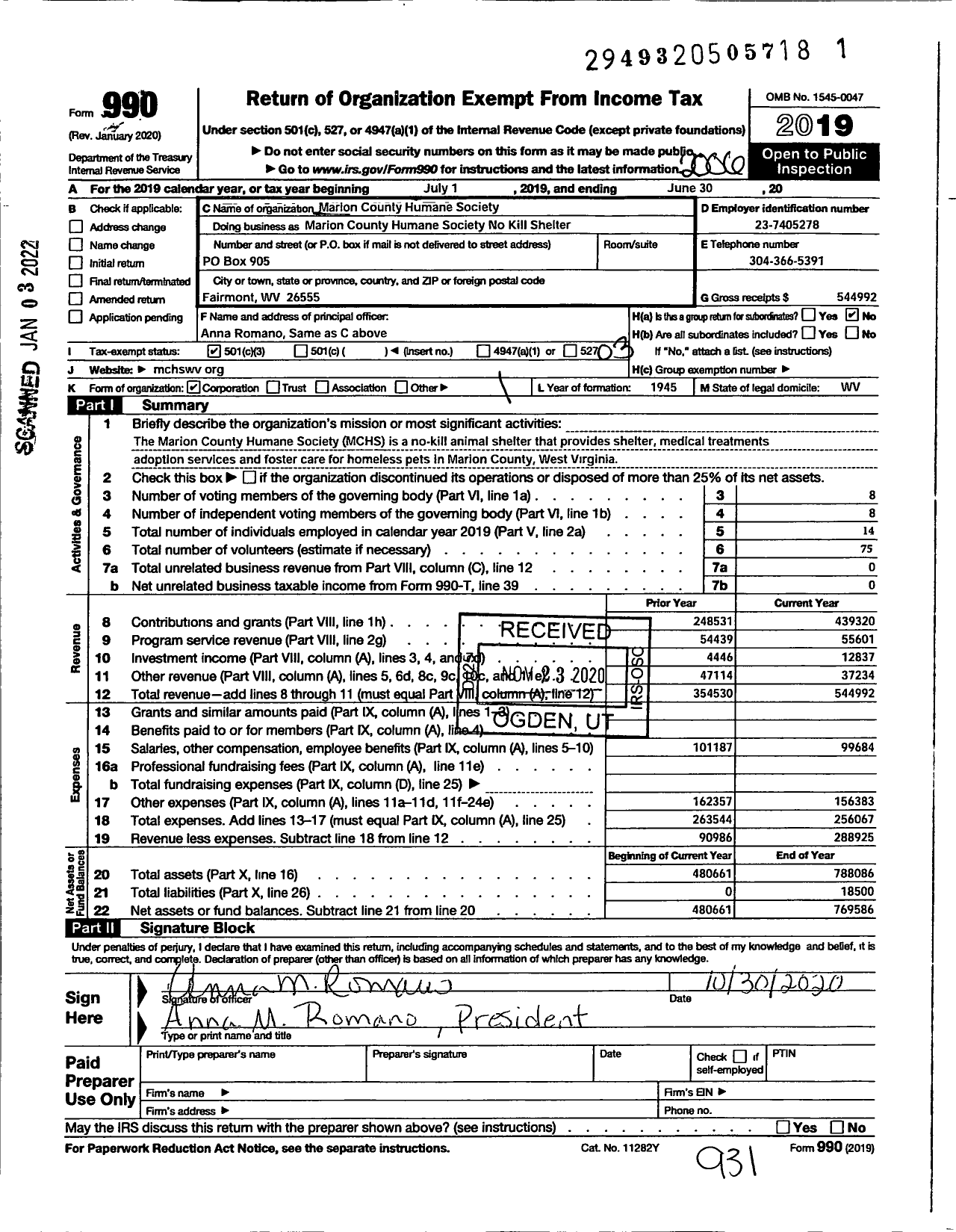 Image of first page of 2019 Form 990 for Marion County Humane Society N