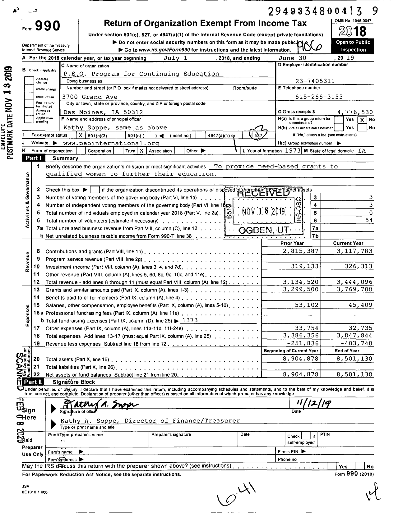 Image of first page of 2018 Form 990 for PEO Program for Continuing Education
