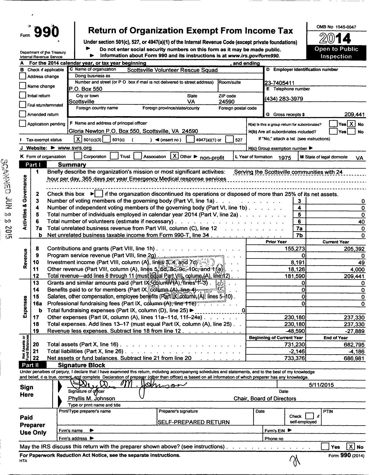 Image of first page of 2014 Form 990 for Scottsville Volunteer Rescue Squad