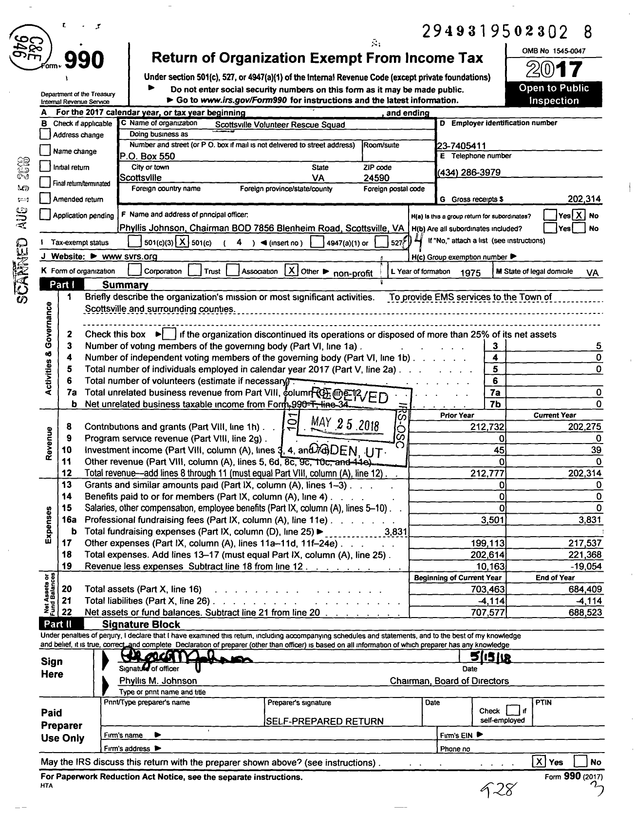 Image of first page of 2017 Form 990O for Scottsville Volunteer Rescue Squad