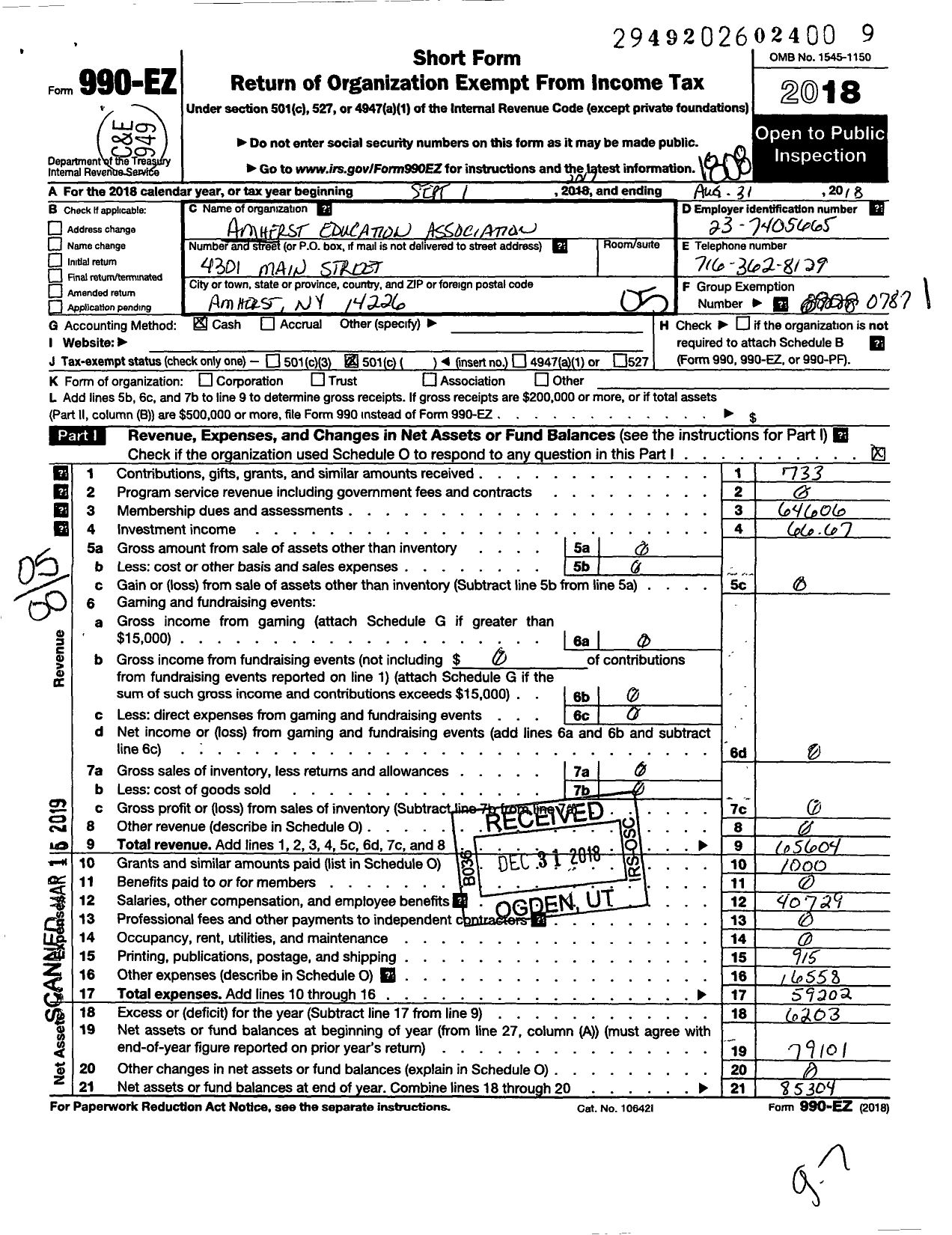 Image of first page of 2017 Form 990EO for AMERICAN FEDERATION OF TEACHERS - 2465 Amherst Education Association