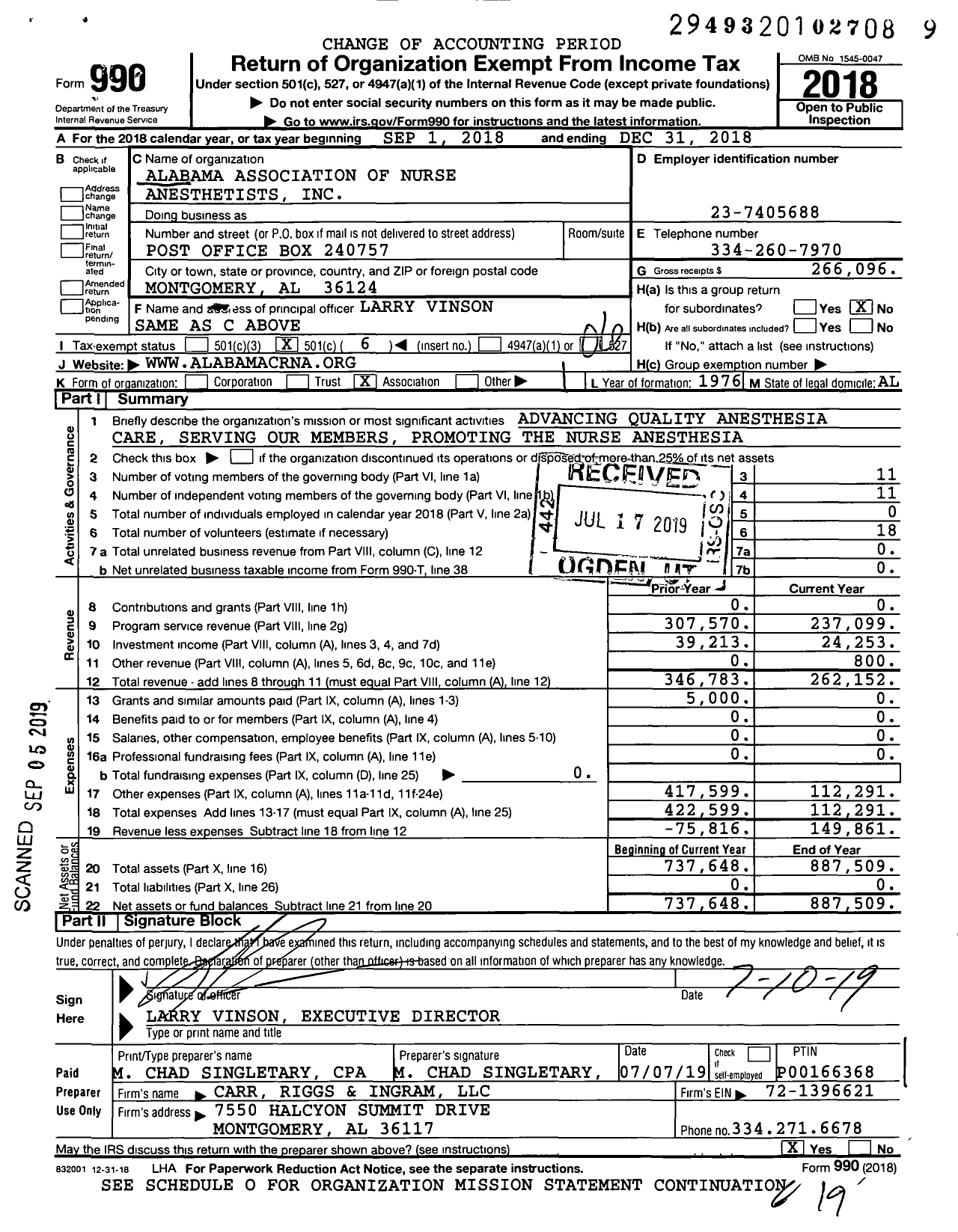 Image of first page of 2018 Form 990O for Alabama Association of Nurse Anesthetists