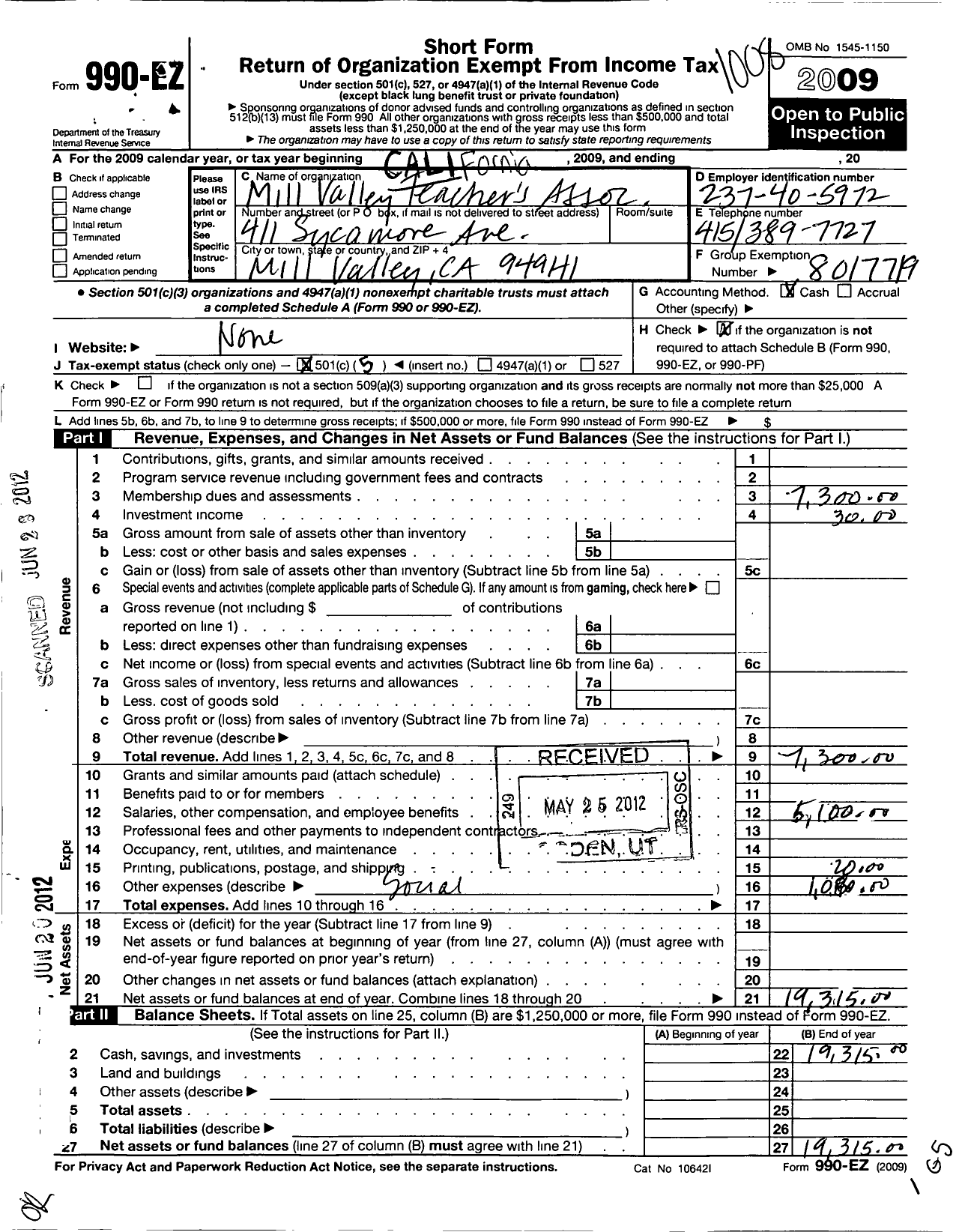 Image of first page of 2009 Form 990EO for California Teachers Association - Mill Valley Ta