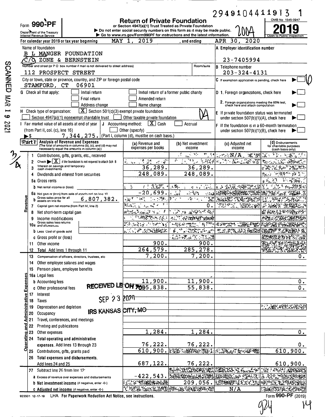 Image of first page of 2019 Form 990PF for B L Manger Foundation