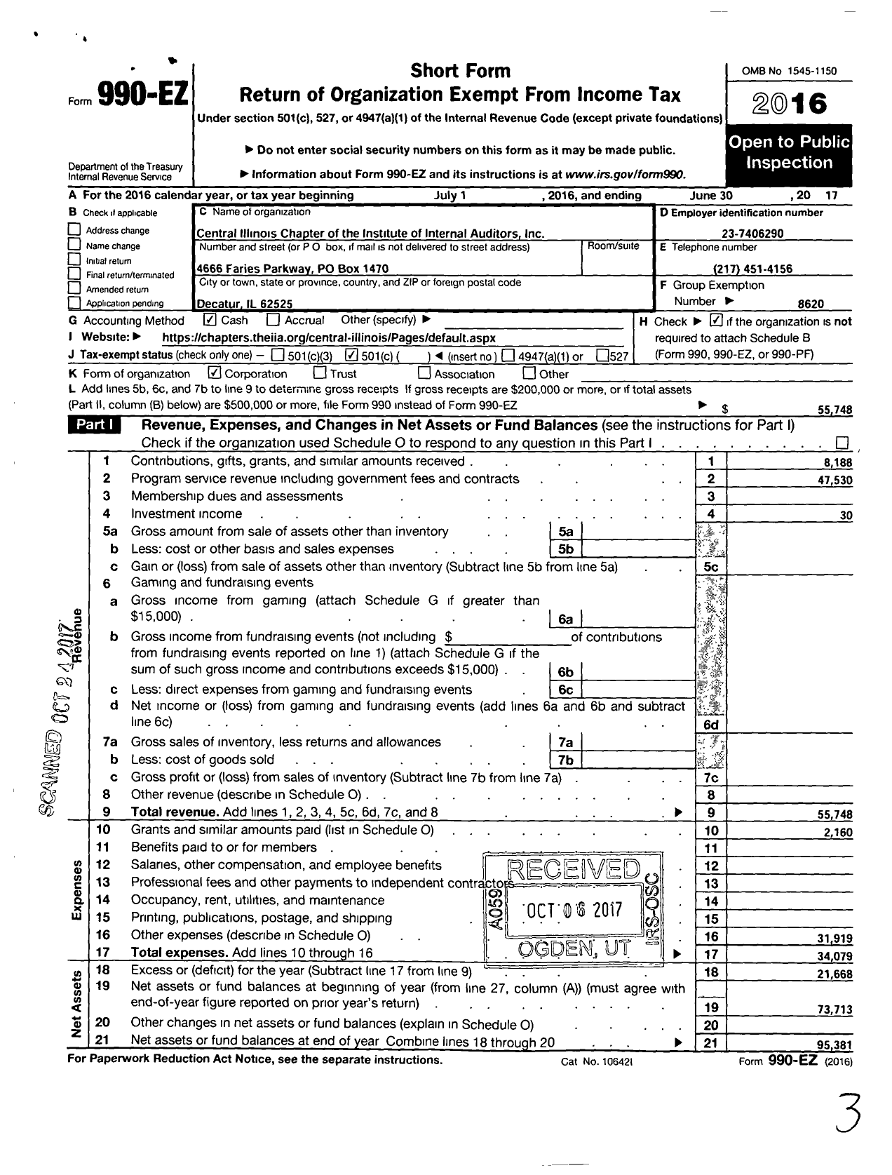 Image of first page of 2016 Form 990EO for Institute of Internal Auditors / Central Illinois Chapter