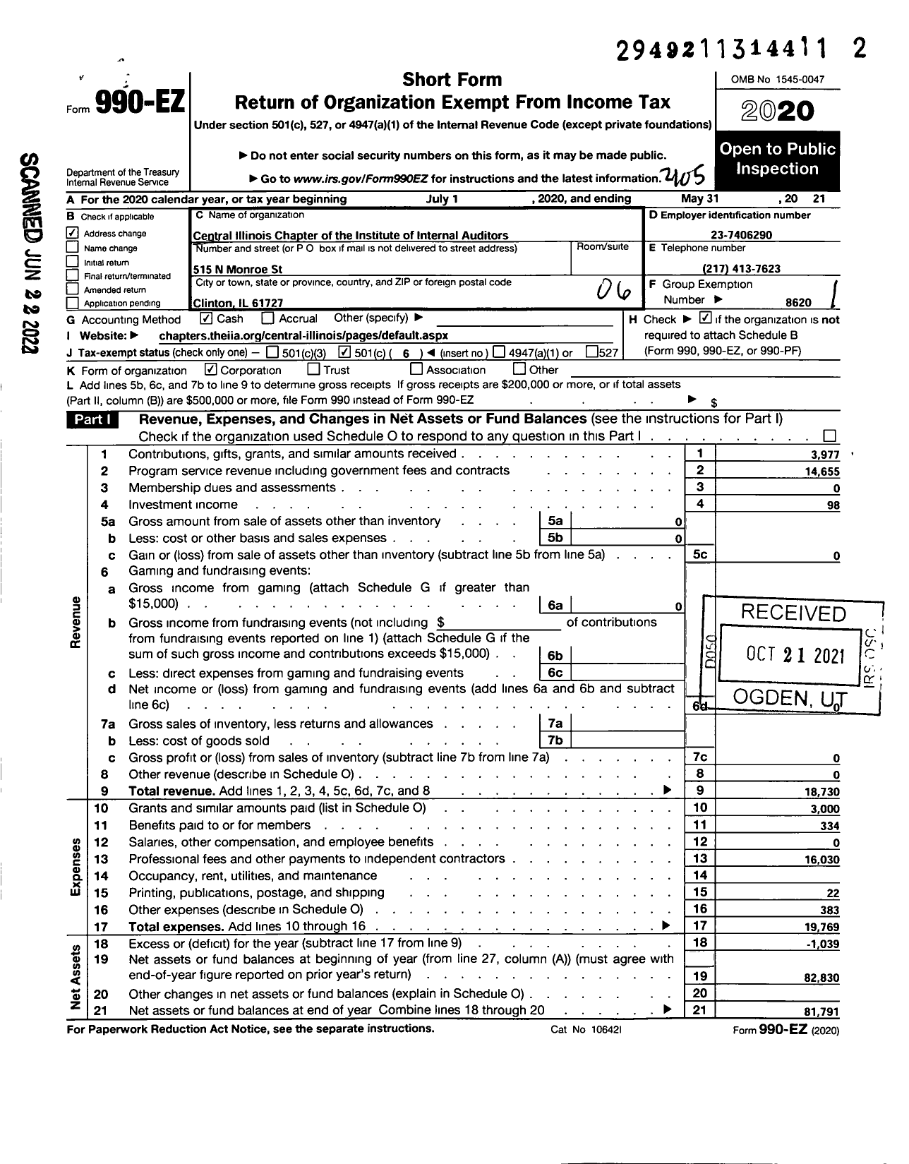 Image of first page of 2020 Form 990EO for Institute of Internal Auditors / Central Illinois Chapter