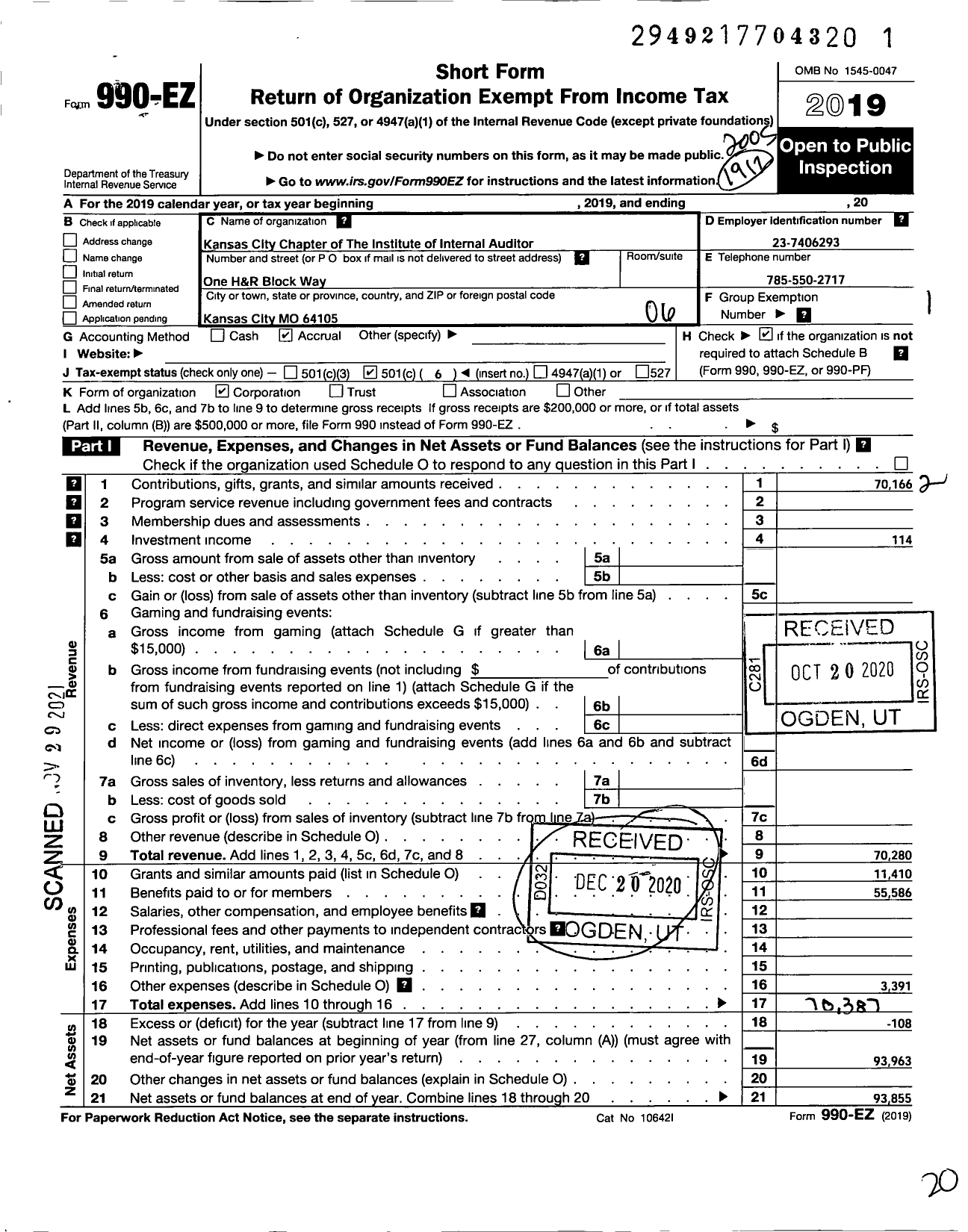 Image of first page of 2019 Form 990EO for Kansas City Chapter of the Institute of Internal Auditors