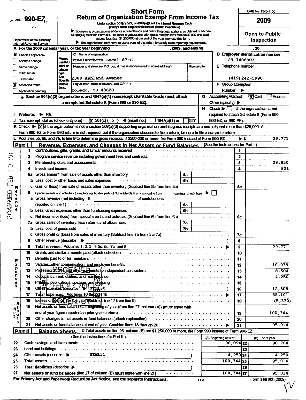 Image of first page of 2009 Form 990EO for United Steelworkers - 00087 Local