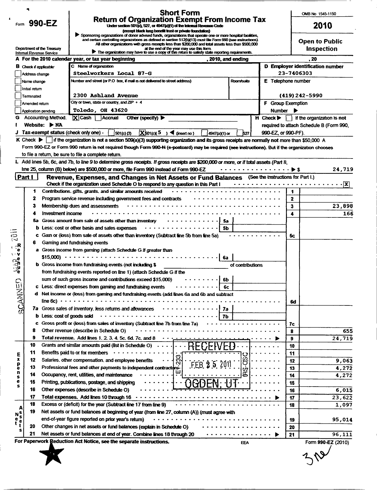 Image of first page of 2010 Form 990EO for United Steelworkers - 00087 Local