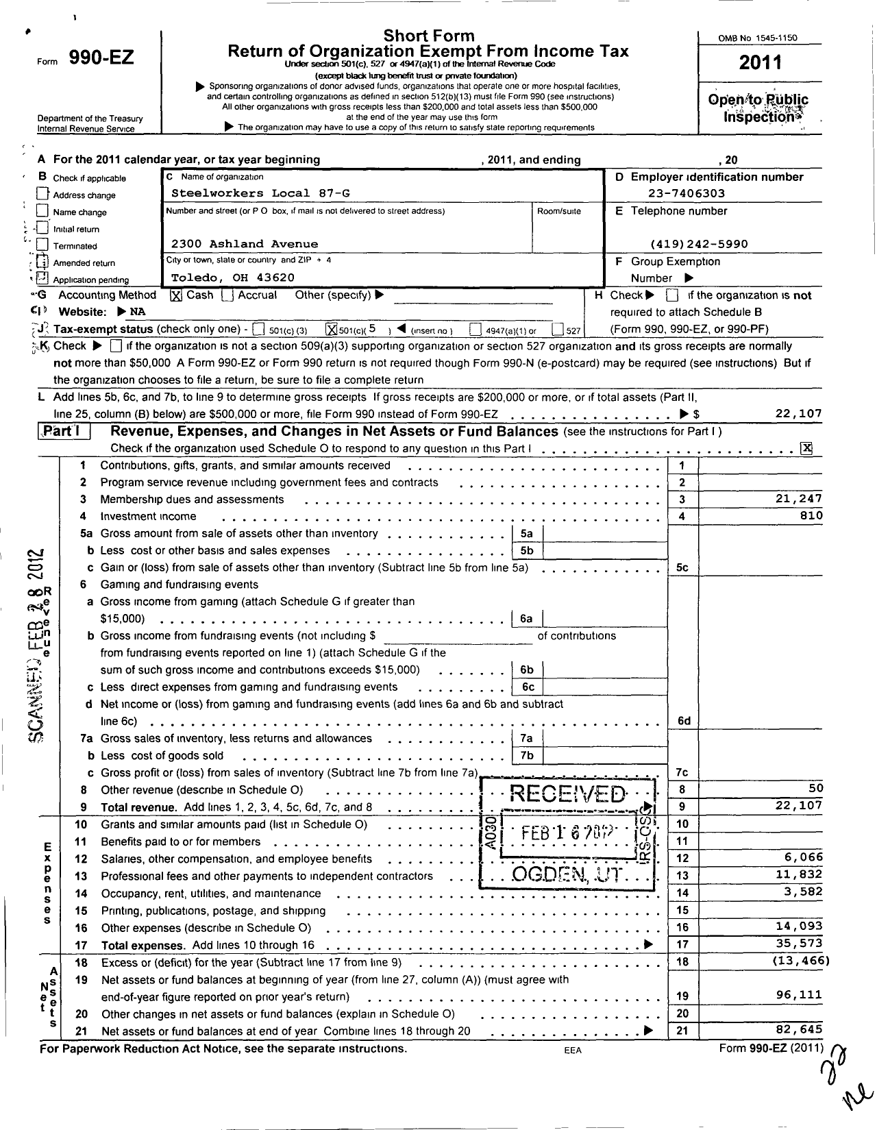 Image of first page of 2011 Form 990EO for United Steelworkers - 00087 Local