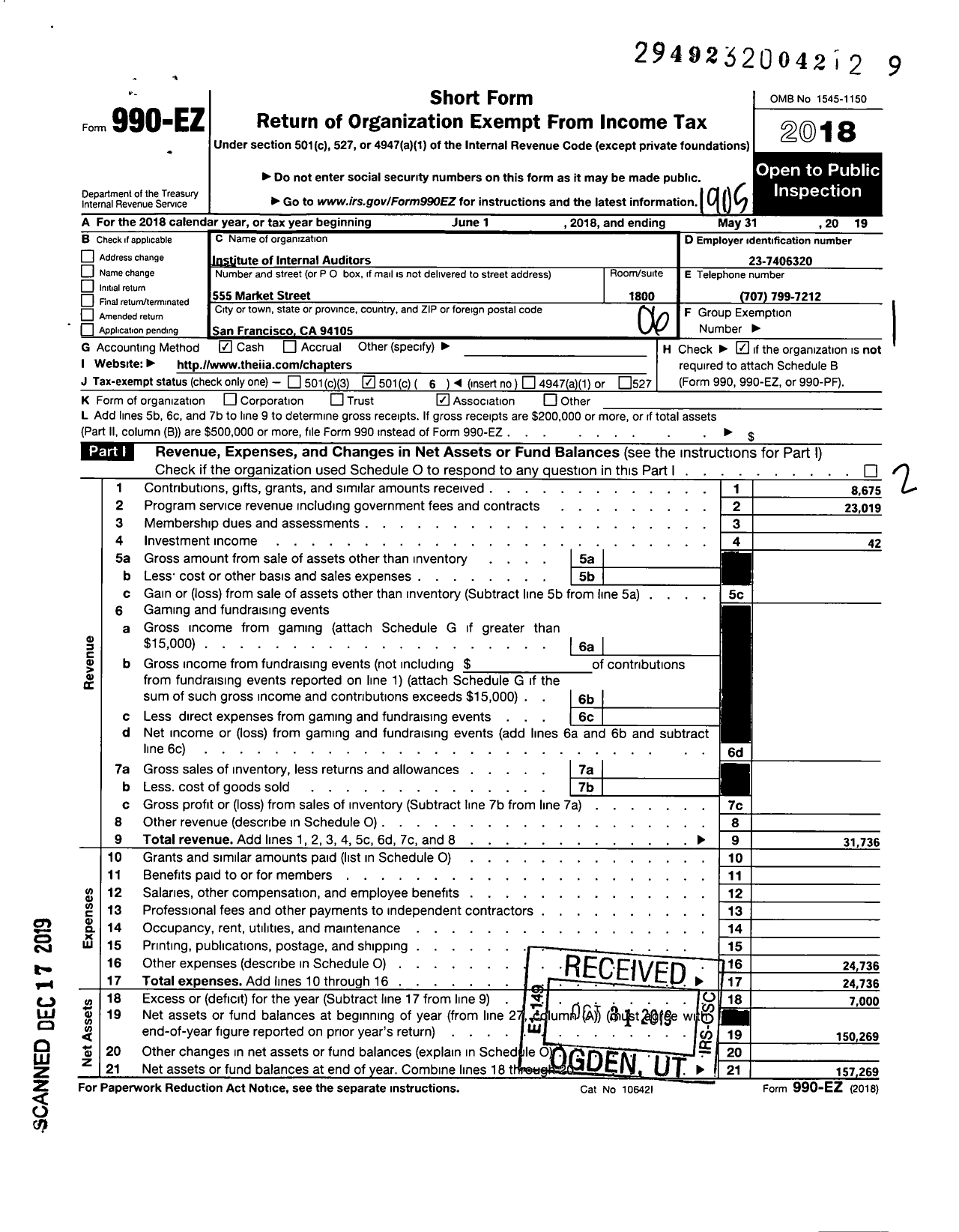 Image of first page of 2018 Form 990EO for Institute of Internal Auditors / San Gabriel Vly Chapter