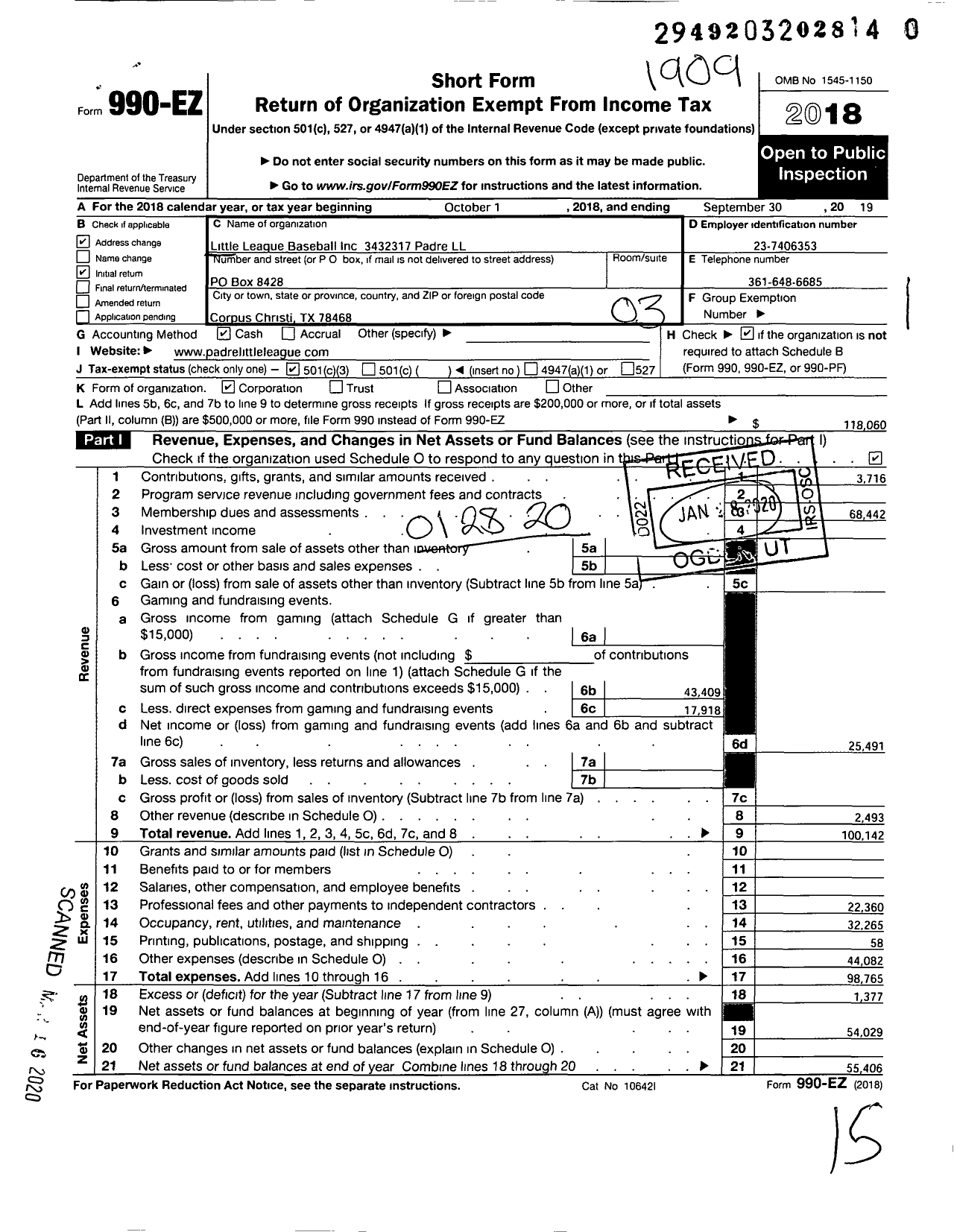 Image of first page of 2018 Form 990EZ for Little League Baseball - 3432317 Padre LL