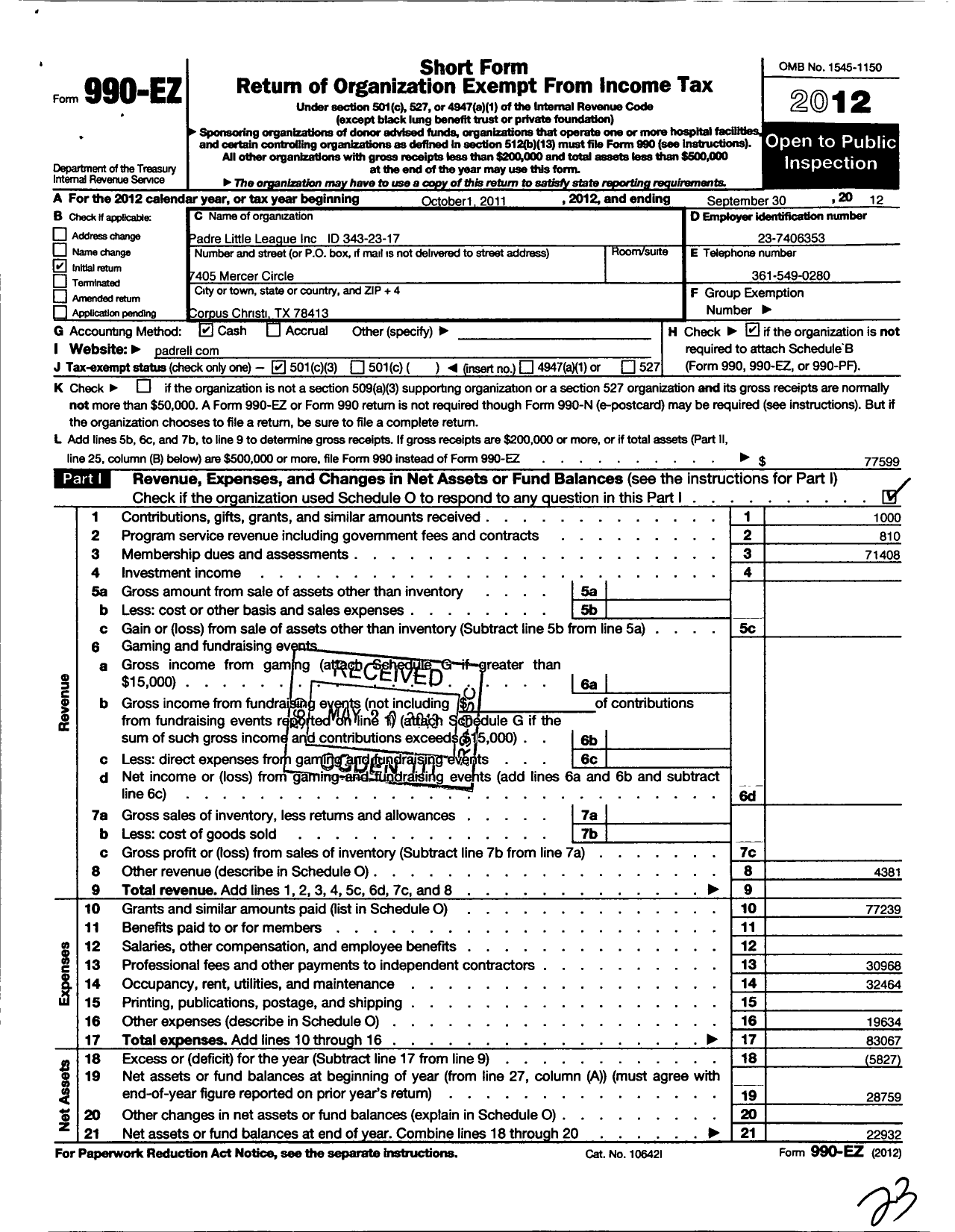 Image of first page of 2011 Form 990EZ for Little League Baseball - 3432317 Padre LL