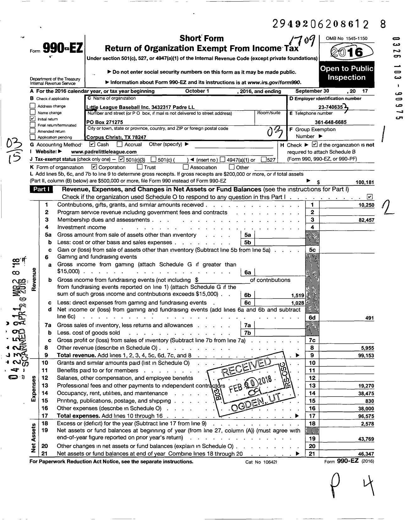 Image of first page of 2016 Form 990EZ for Little League Baseball - 3432317 Padre LL