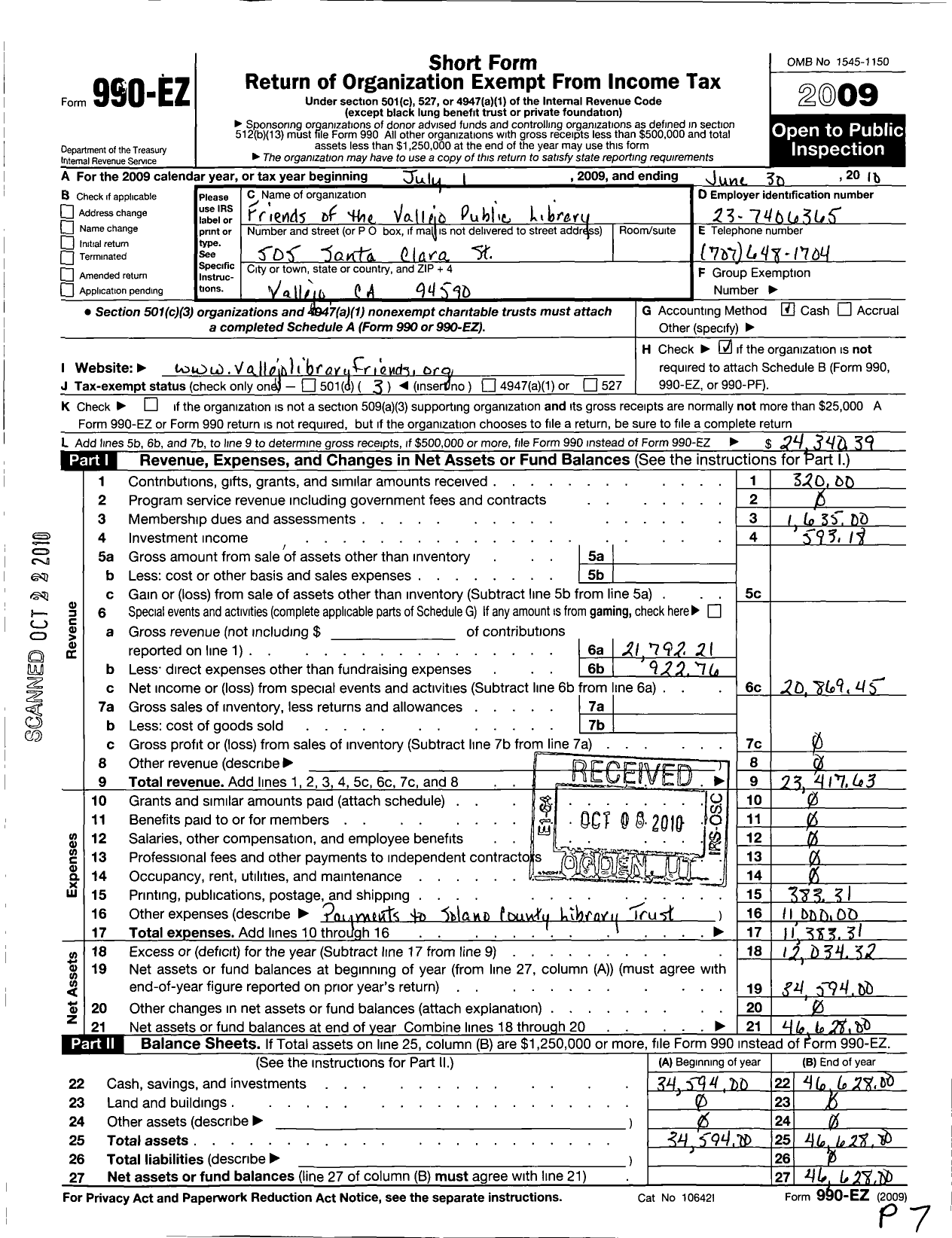 Image of first page of 2009 Form 990EZ for Friends of the Vallejo Public Library