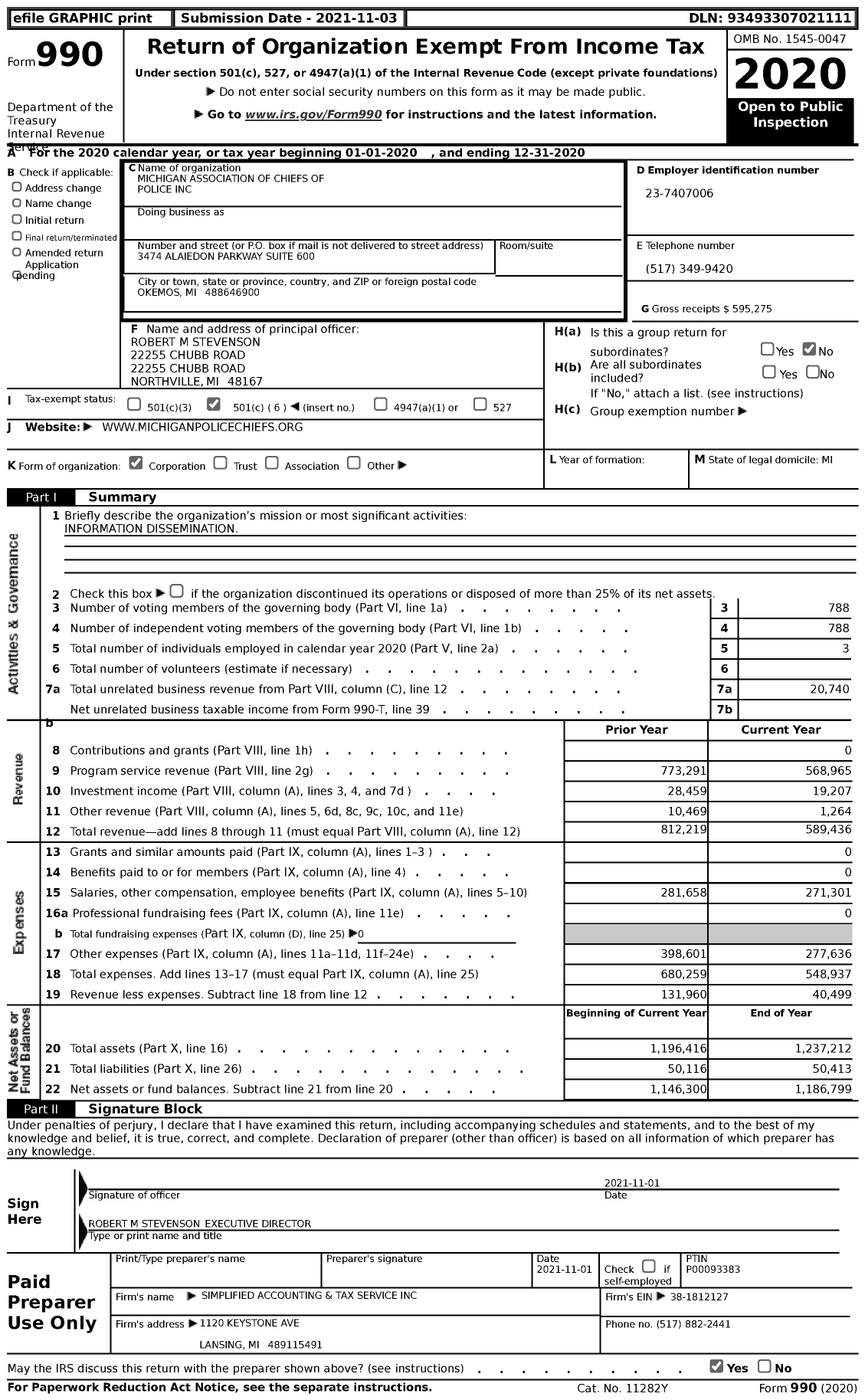 Image of first page of 2020 Form 990 for Michigan Association of Chiefs of Police