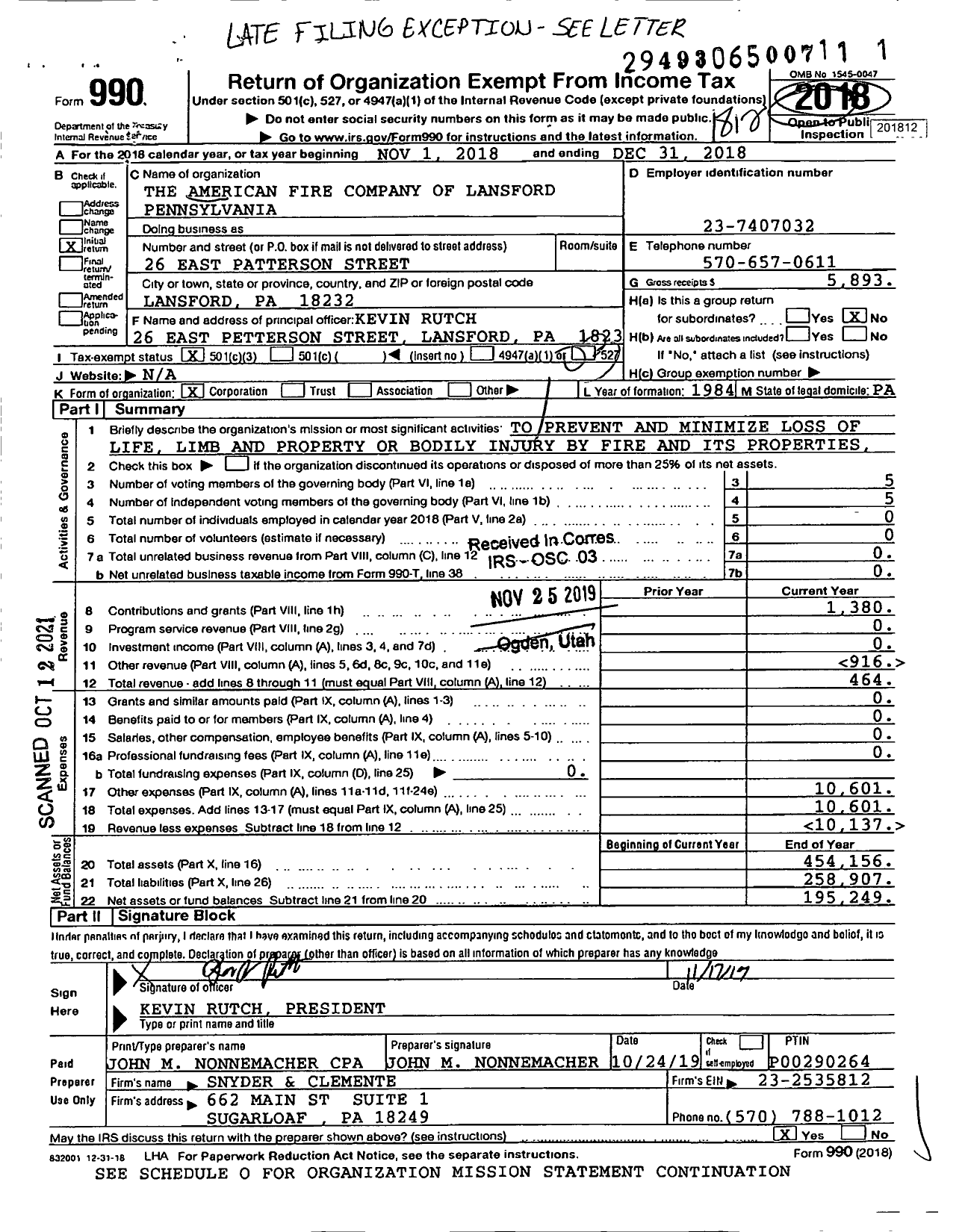 Image of first page of 2018 Form 990 for The American Fire Company of Lansford Pennsylvania