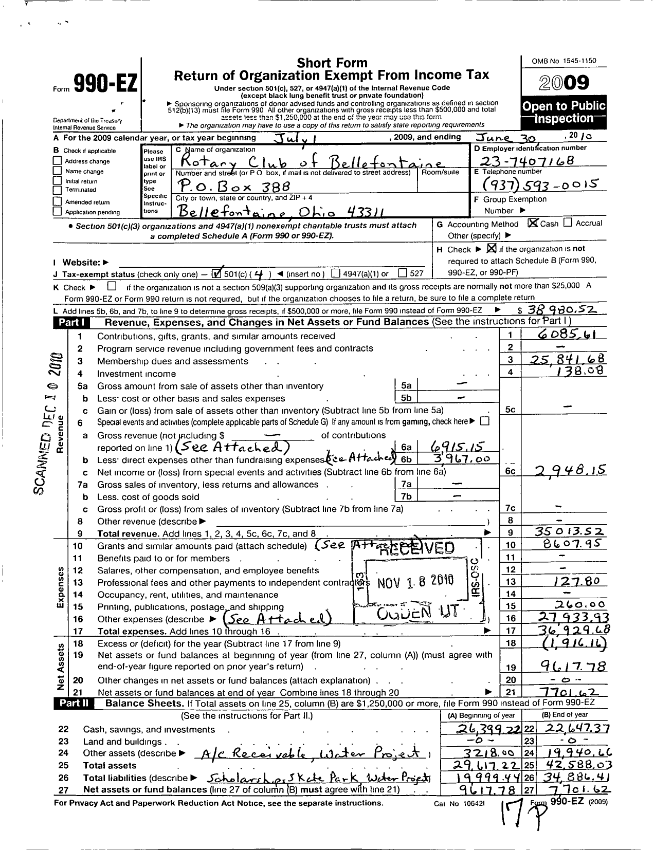 Image of first page of 2009 Form 990EO for Rotary International - Bellefontaine Rotary Club