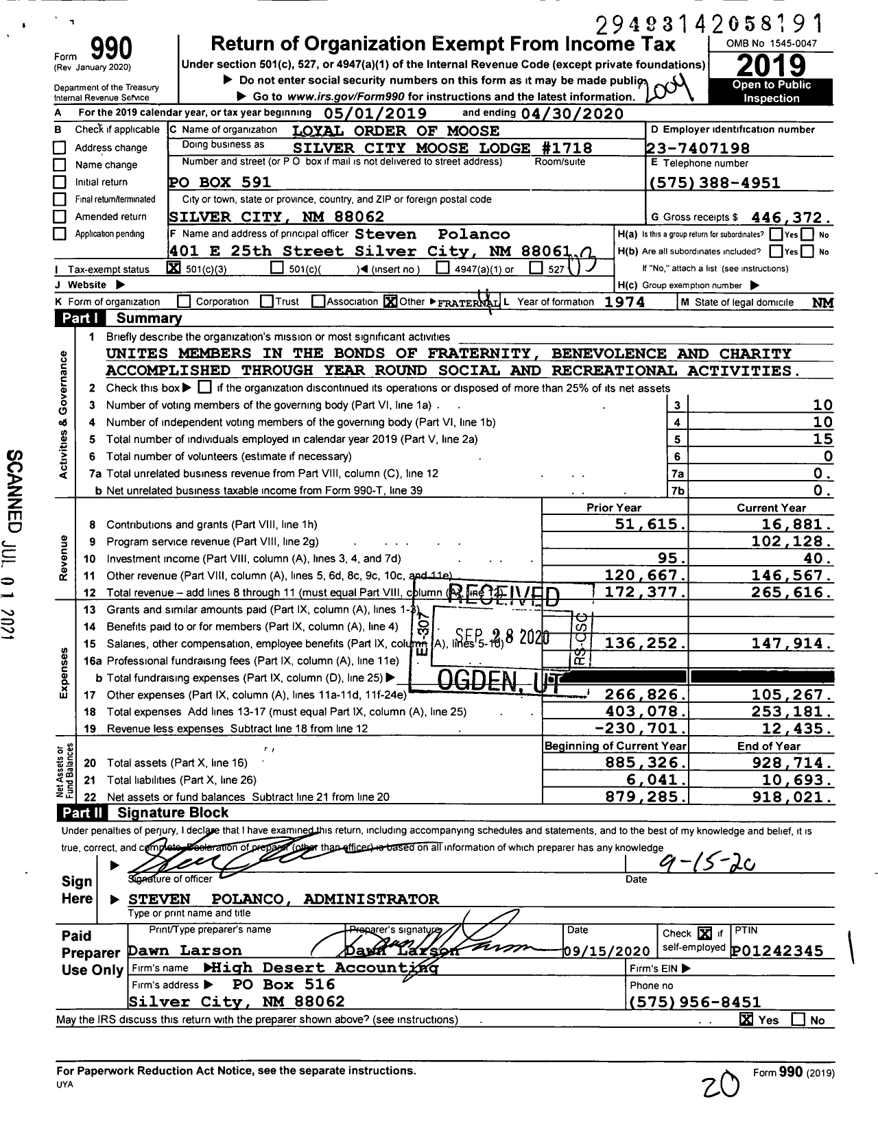 Image of first page of 2019 Form 990 for Silver City Moose Lodge 1718