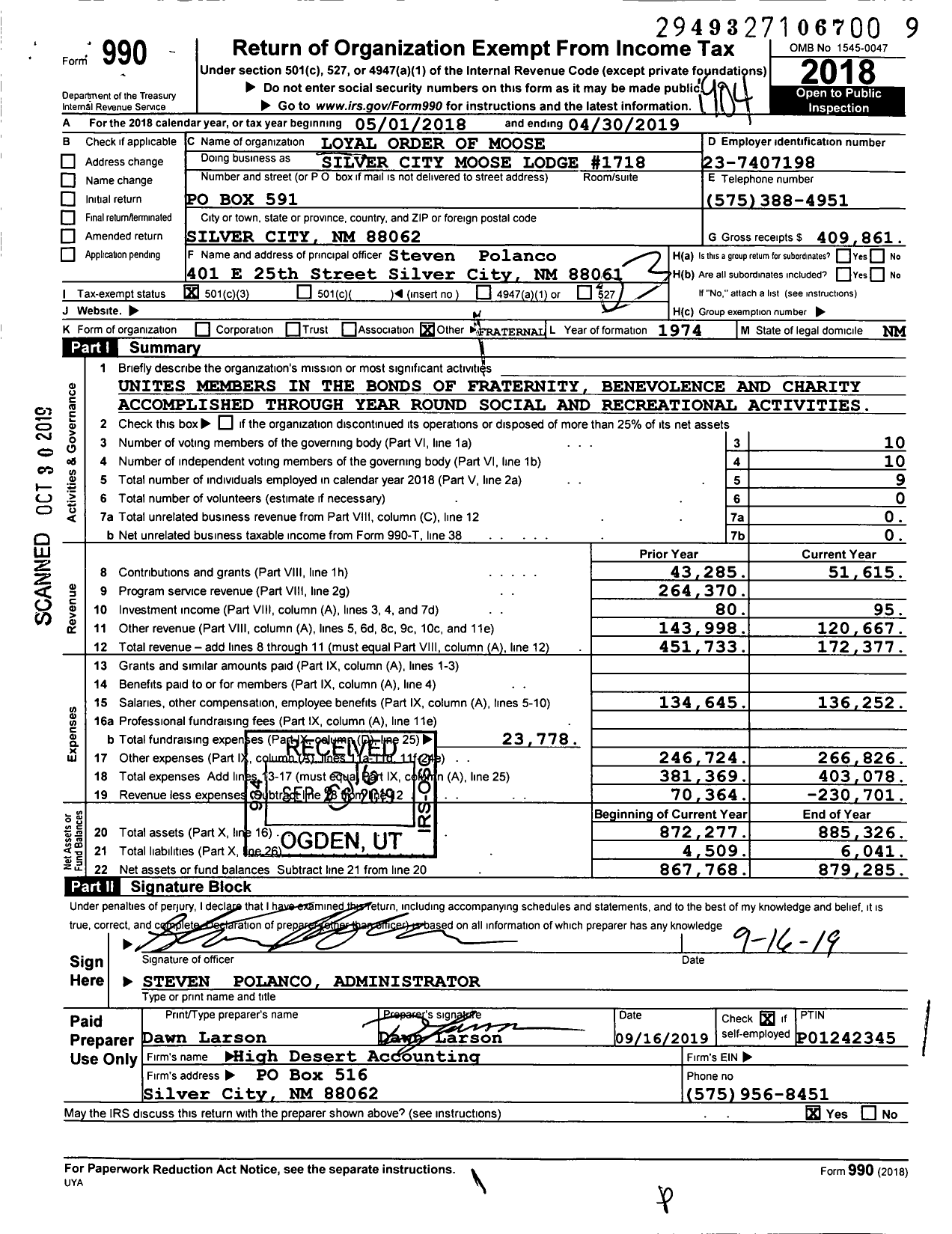 Image of first page of 2018 Form 990 for Silver City Moose Lodge 1718