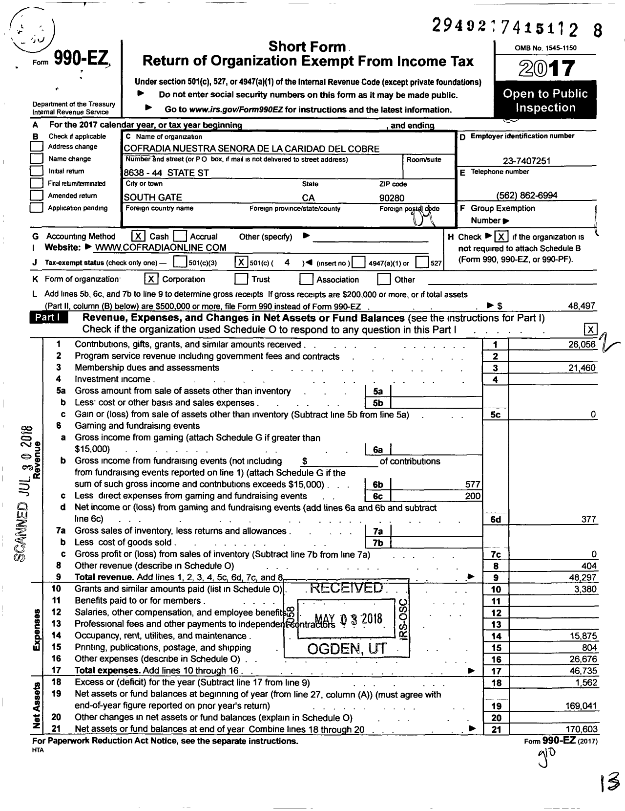 Image of first page of 2017 Form 990EO for Cofradia Nuestra Senora de La Caridad