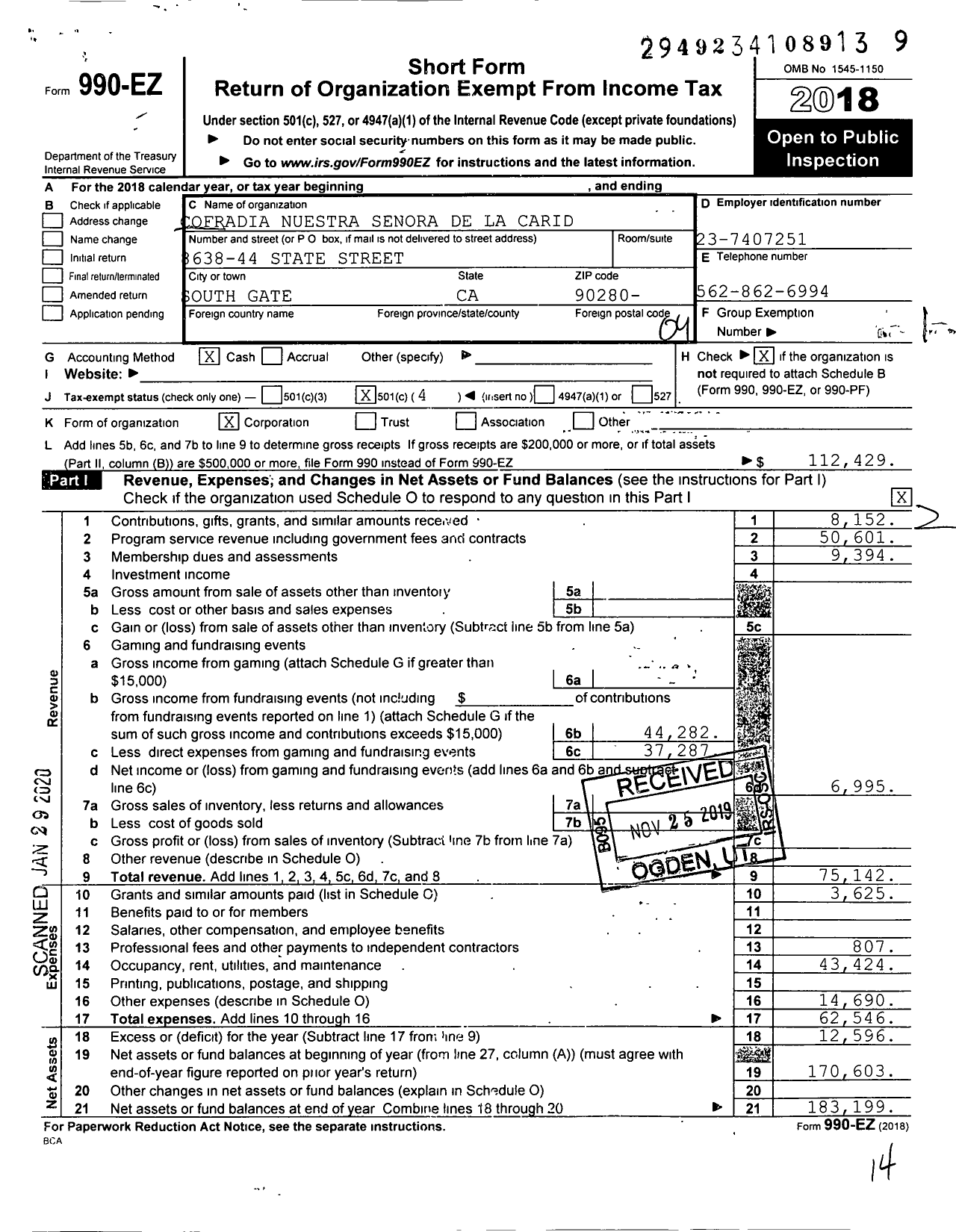 Image of first page of 2018 Form 990EO for Cofradia Nuestra Senora de La Caridad