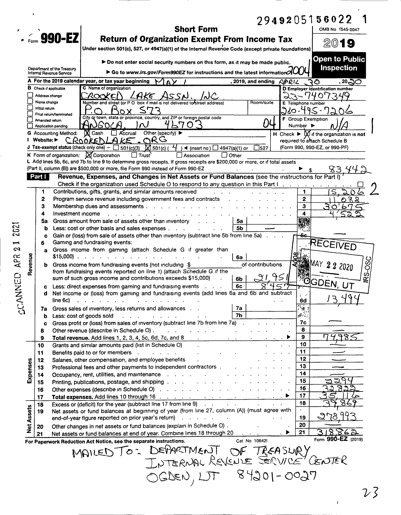 Image of first page of 2019 Form 990EO for Crooked Lake Cottage Owners Association