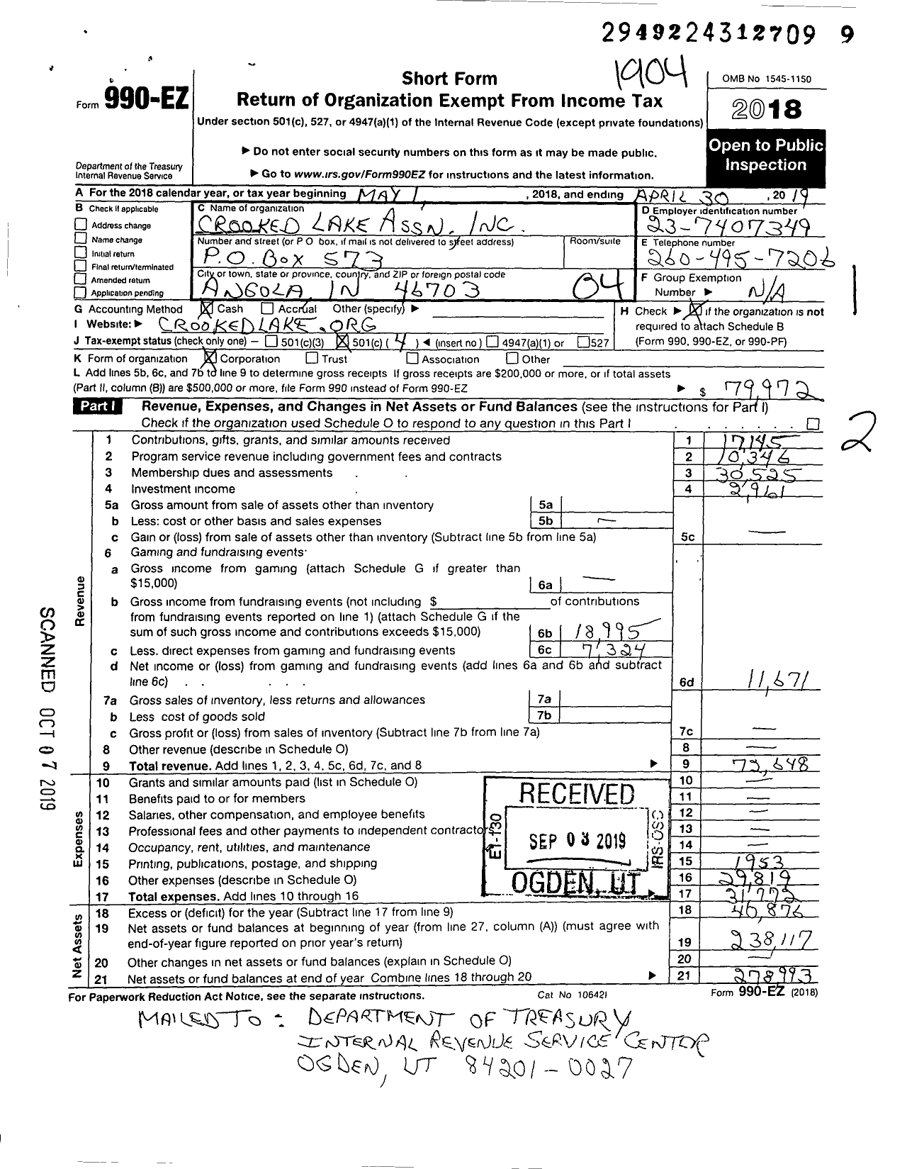 Image of first page of 2018 Form 990EO for Crooked Lake Cottage Owners Association