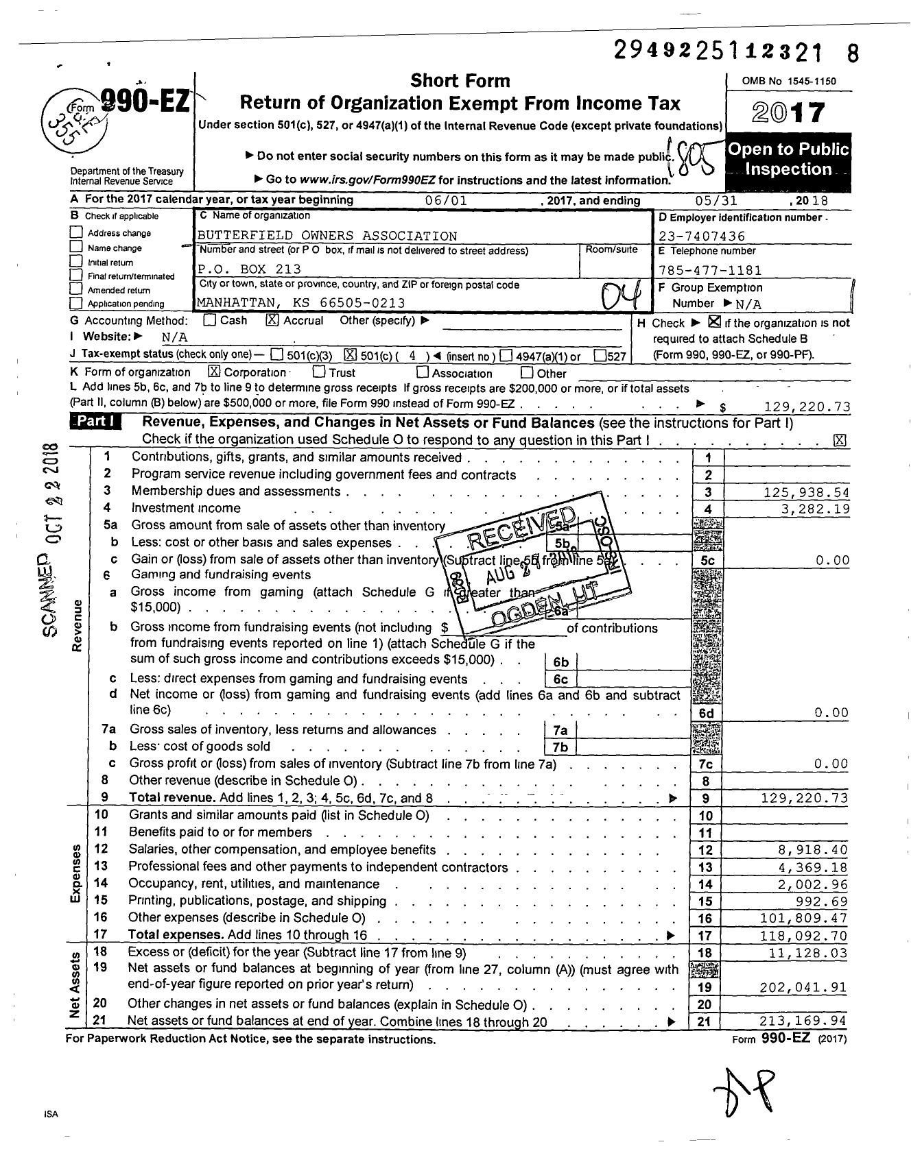 Image of first page of 2017 Form 990EO for Butterfield Owners Association