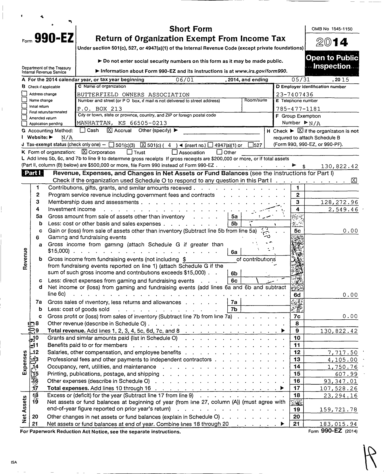 Image of first page of 2014 Form 990EO for Butterfield Owners Association