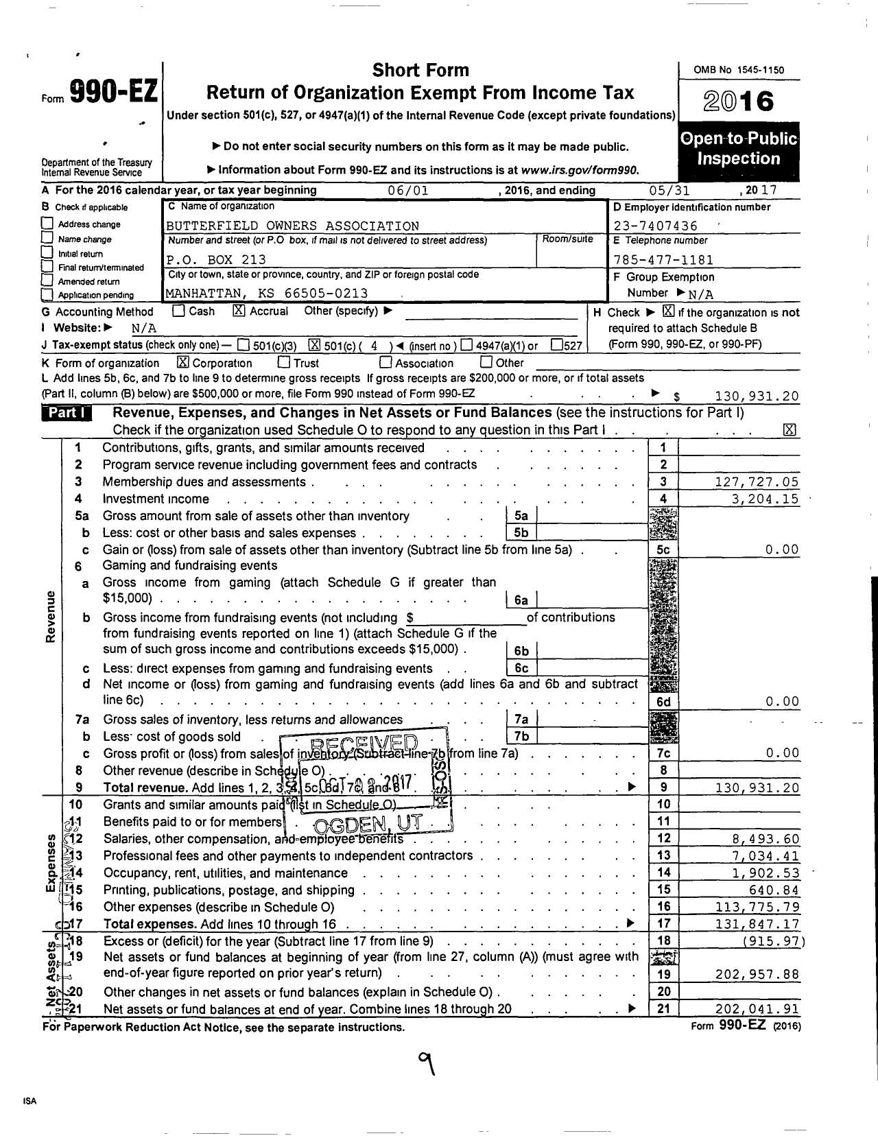 Image of first page of 2016 Form 990EO for Butterfield Owners Association