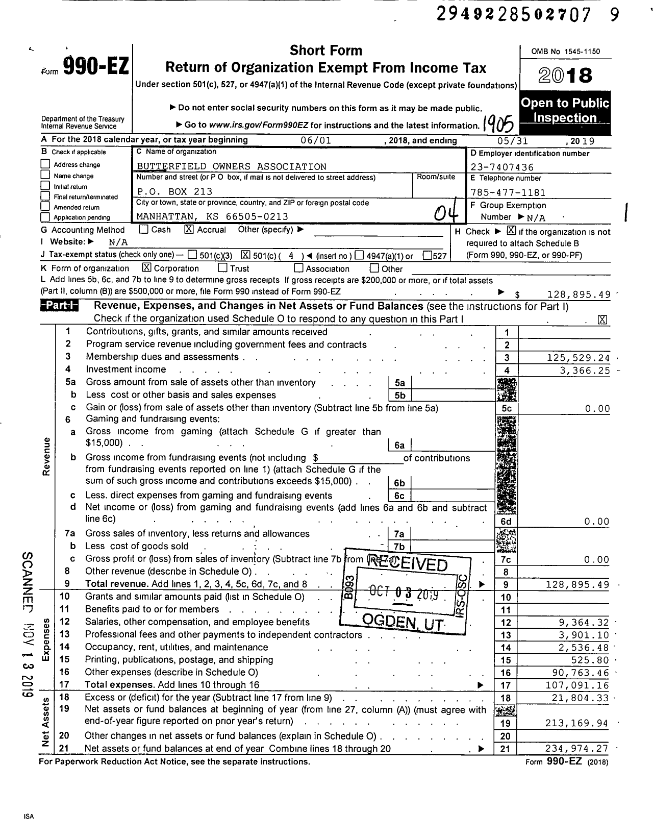 Image of first page of 2018 Form 990EO for Butterfield Owners Association