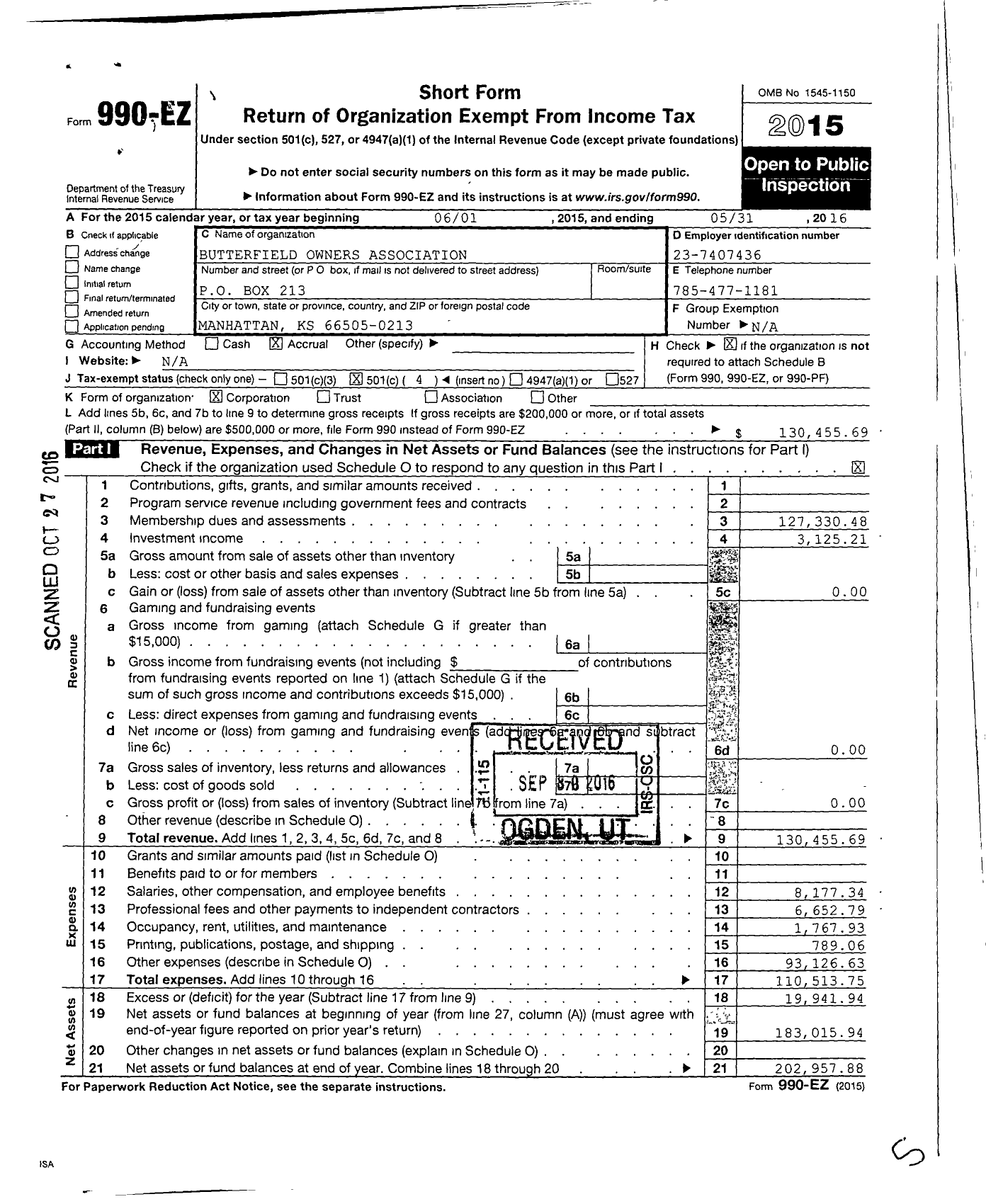 Image of first page of 2015 Form 990EO for Butterfield Owners Association