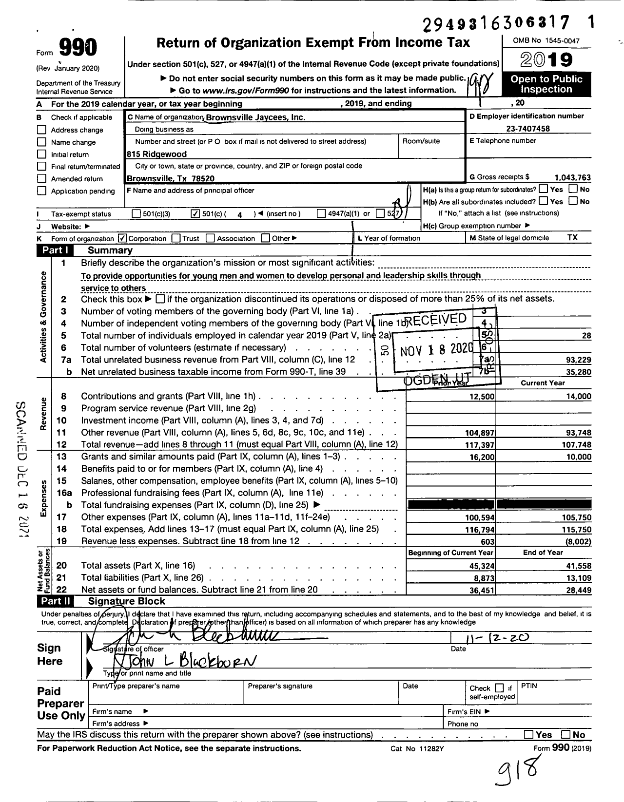 Image of first page of 2019 Form 990O for Brownsville Jaycees