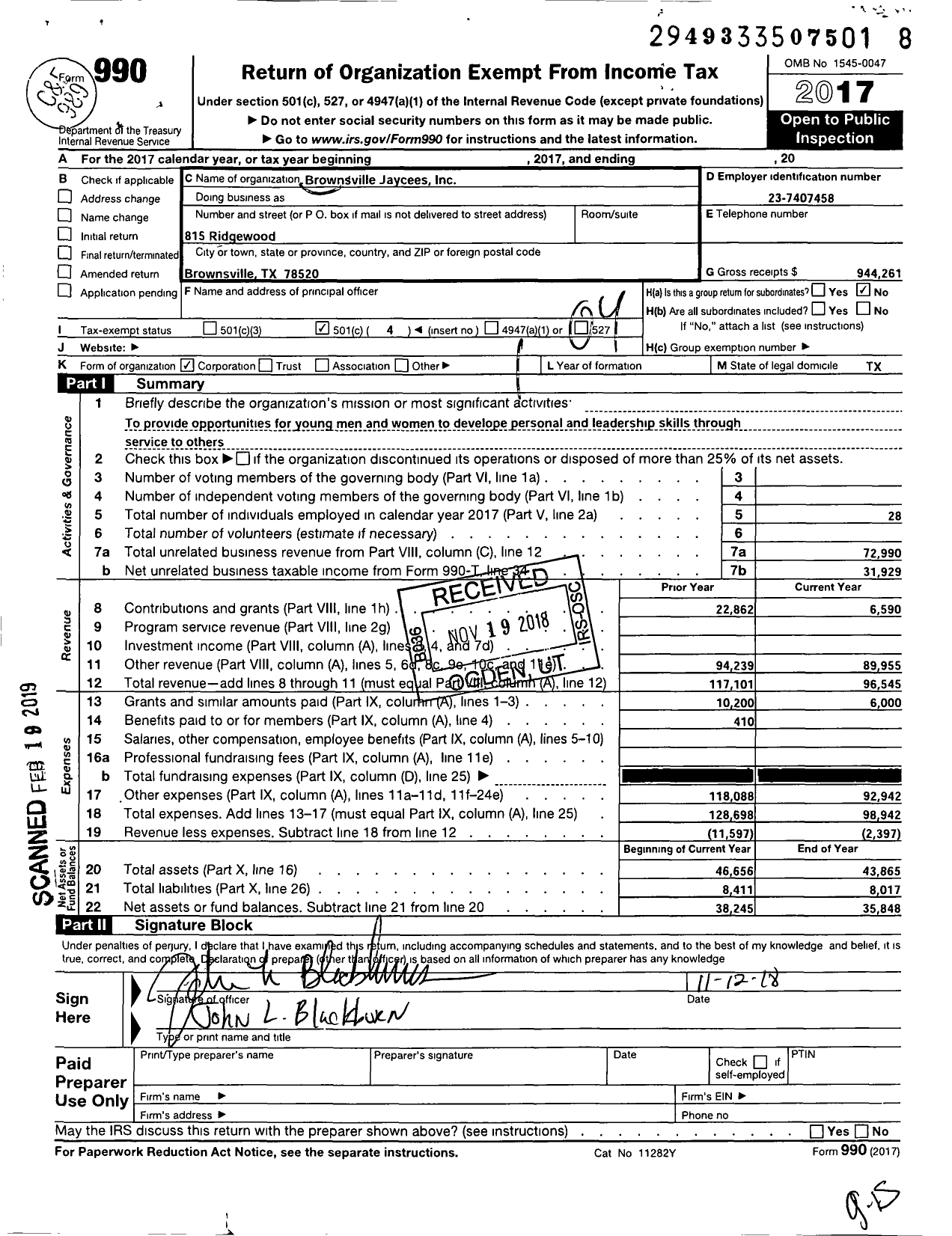 Image of first page of 2017 Form 990O for Brownsville Jaycees