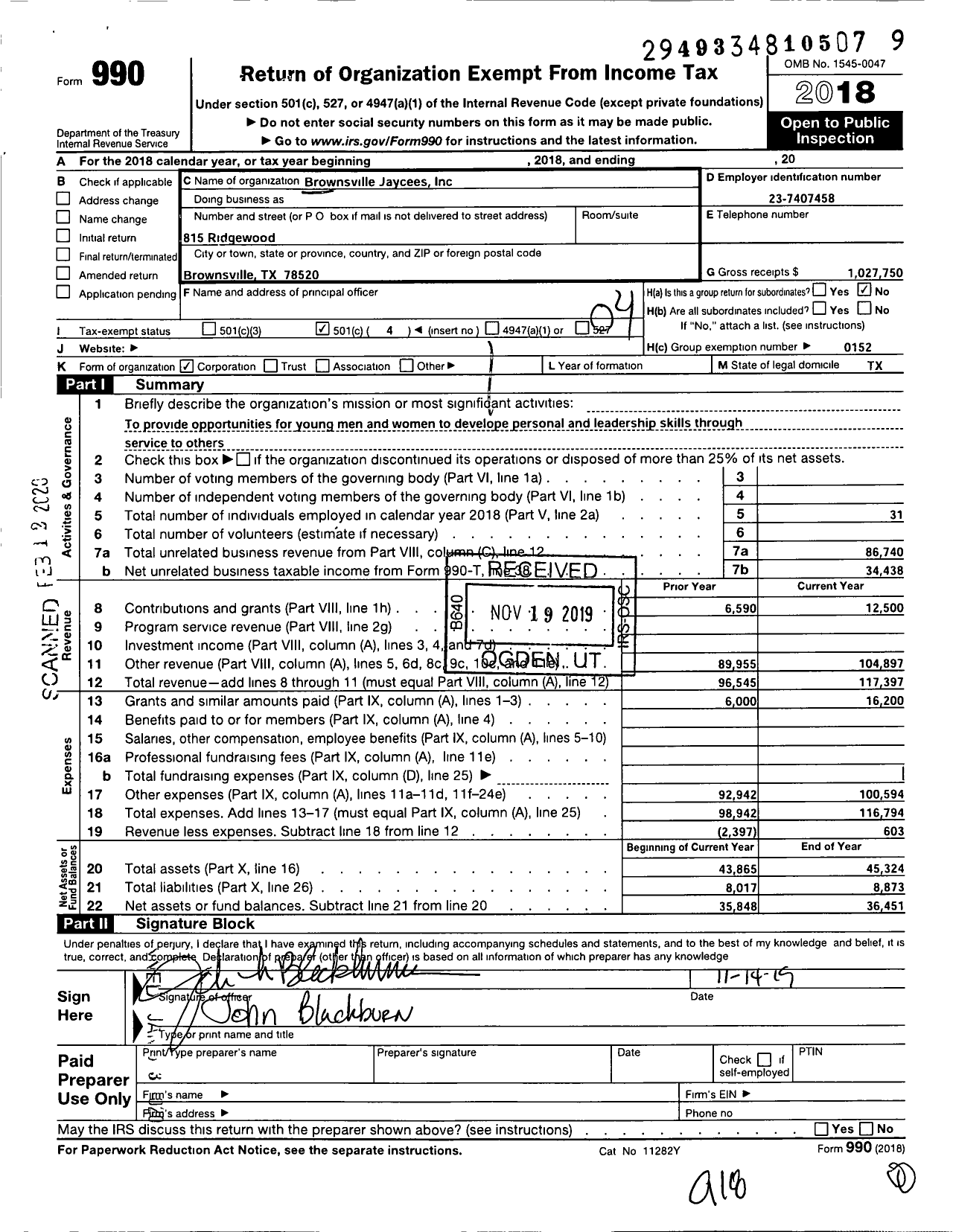 Image of first page of 2018 Form 990O for Brownsville Jaycees