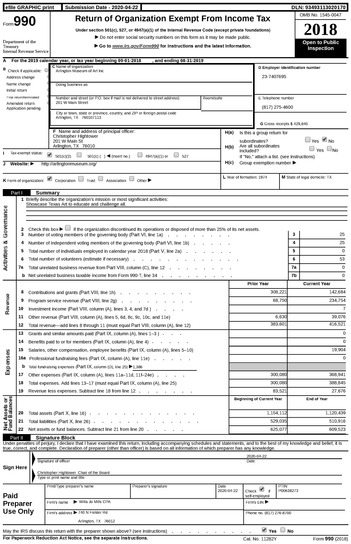 Image of first page of 2018 Form 990 for Arlington Museum of Art