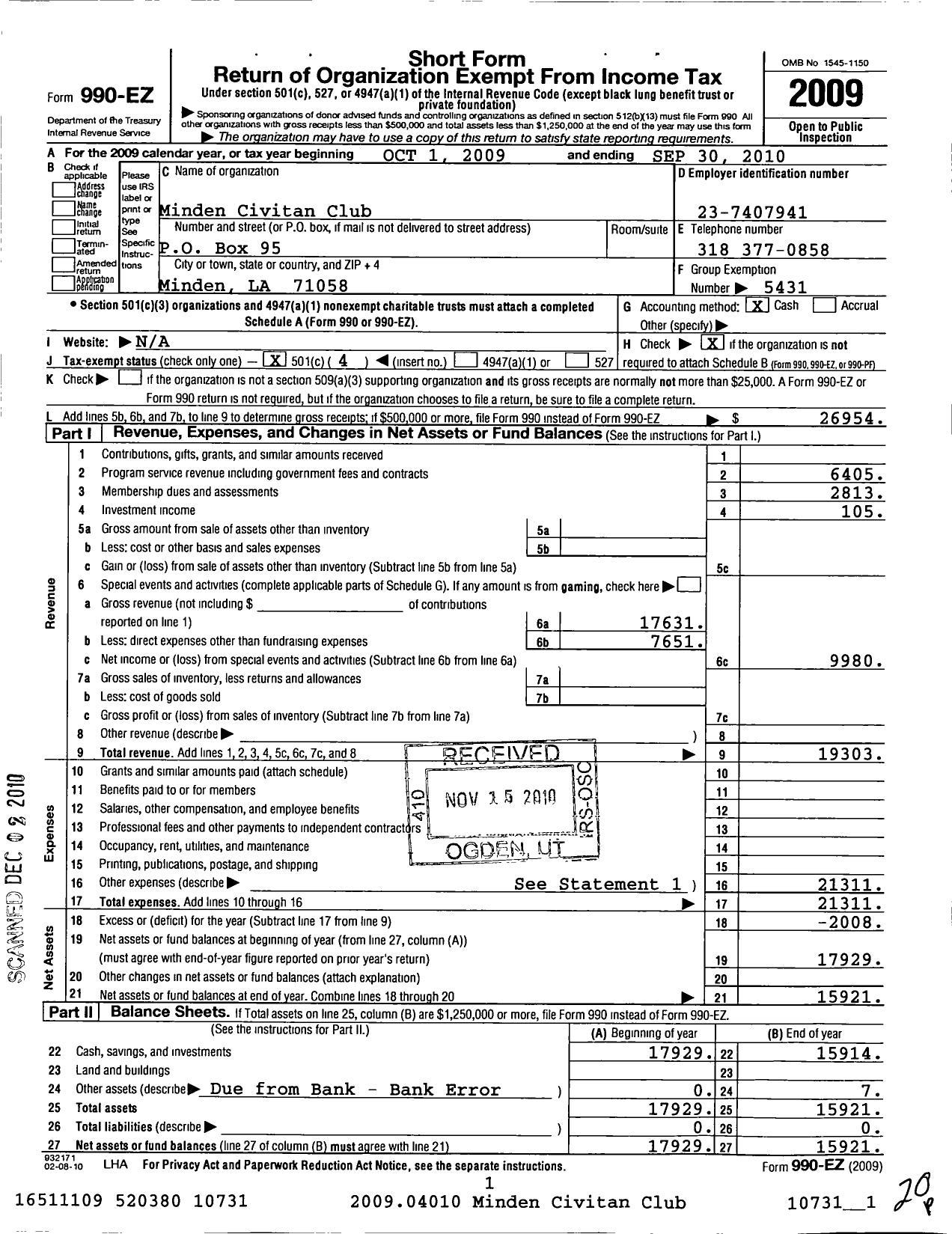 Image of first page of 2009 Form 990EO for Civitan International / Minden Inc La