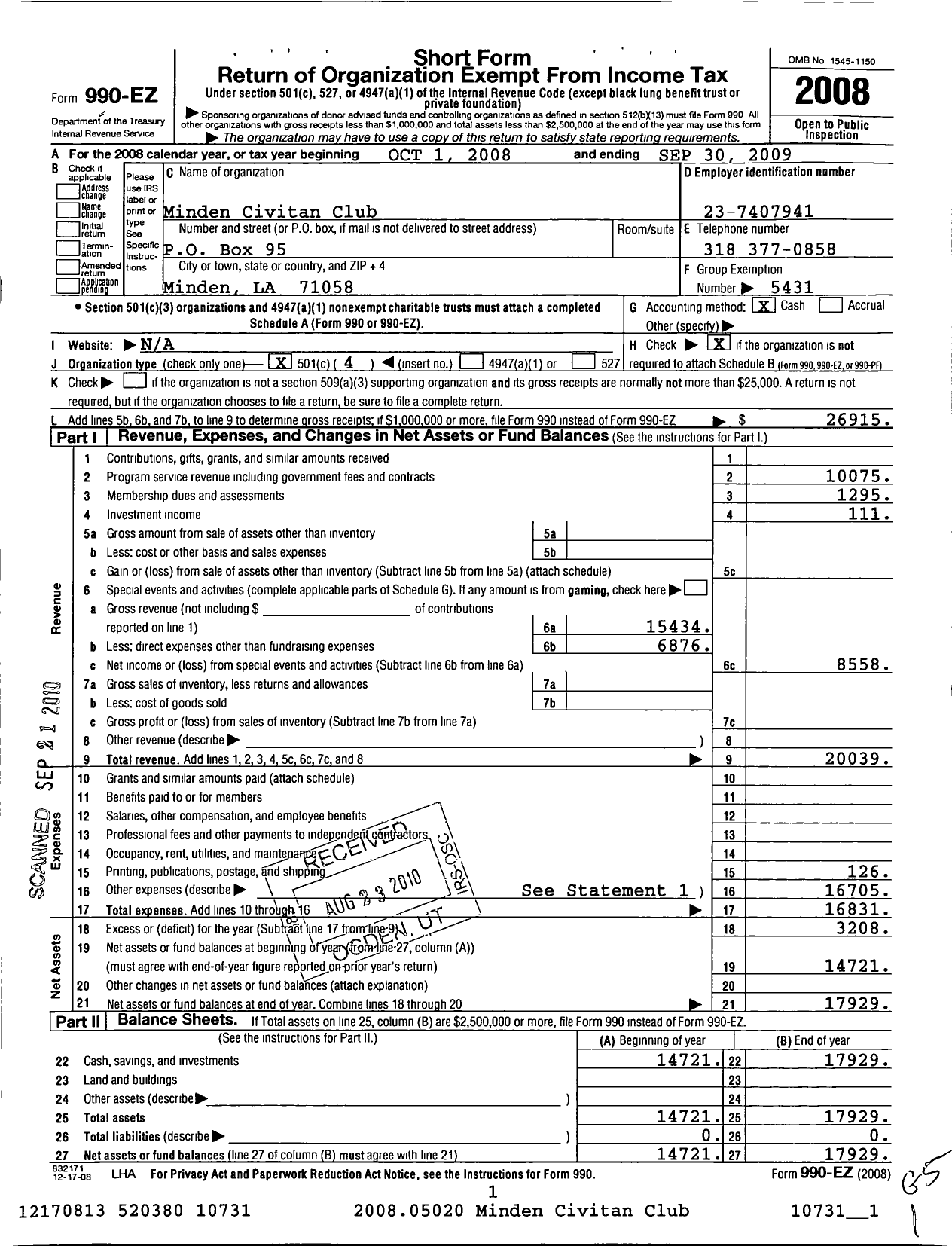 Image of first page of 2008 Form 990EO for Civitan International / Minden Inc La