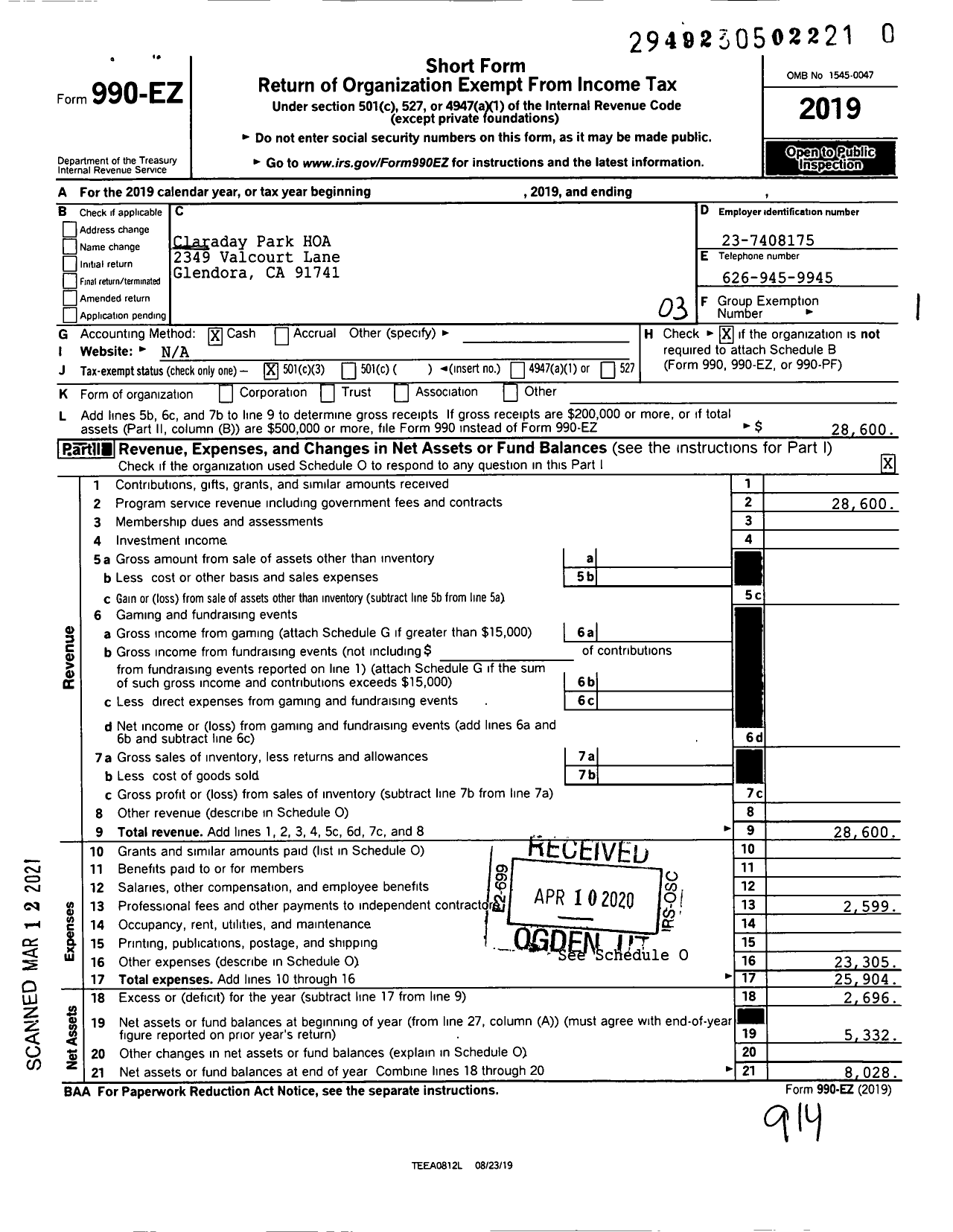 Image of first page of 2019 Form 990EZ for Claraday Park HOA