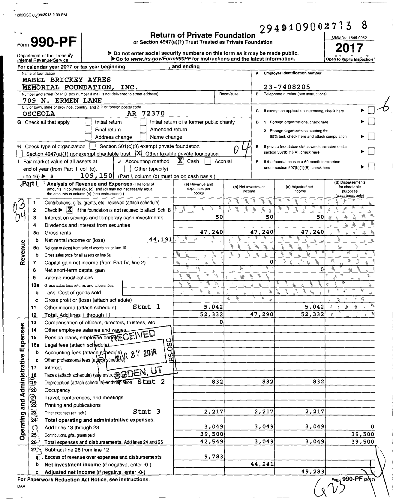 Image of first page of 2017 Form 990PF for Mabel Brickey Ayres Memorial Foundation