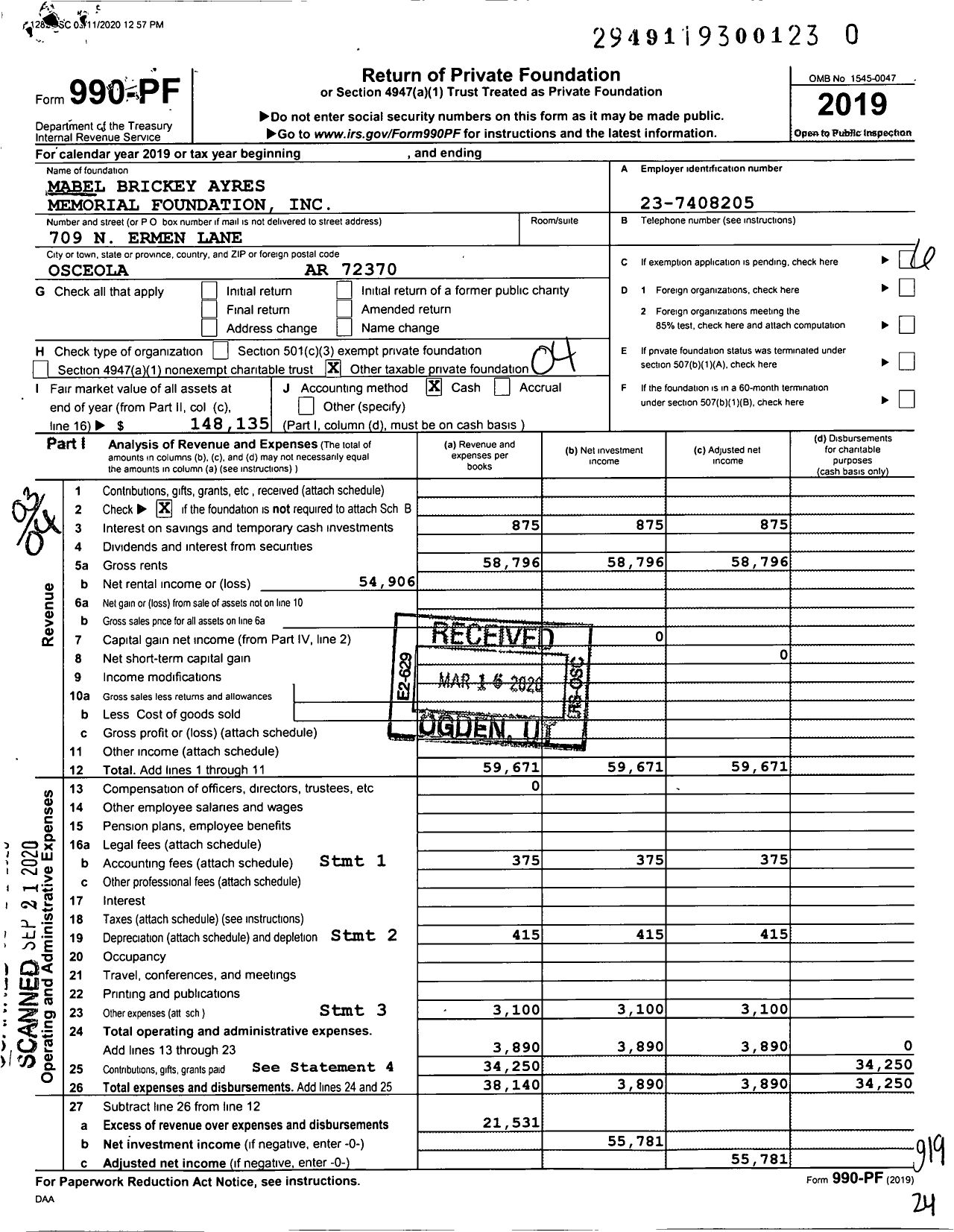 Image of first page of 2019 Form 990PR for Mabel Brickey Ayres Memorial Foundation