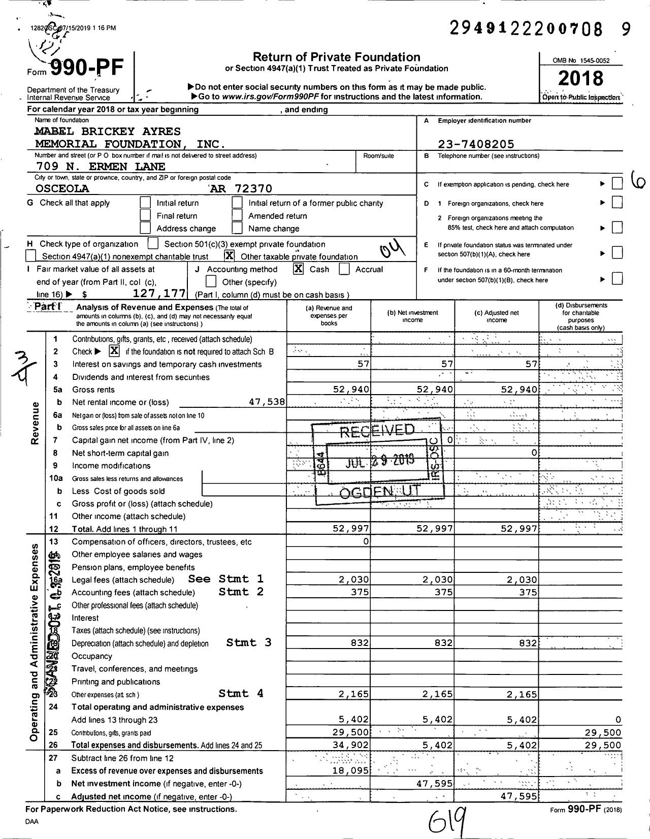 Image of first page of 2018 Form 990PF for Mabel Brickey Ayres Memorial Foundation