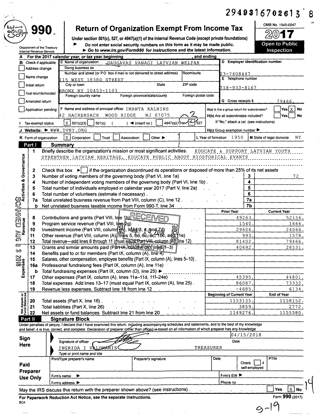 Image of first page of 2017 Form 990 for Daugavas Vanagi Latvian Welfare Association