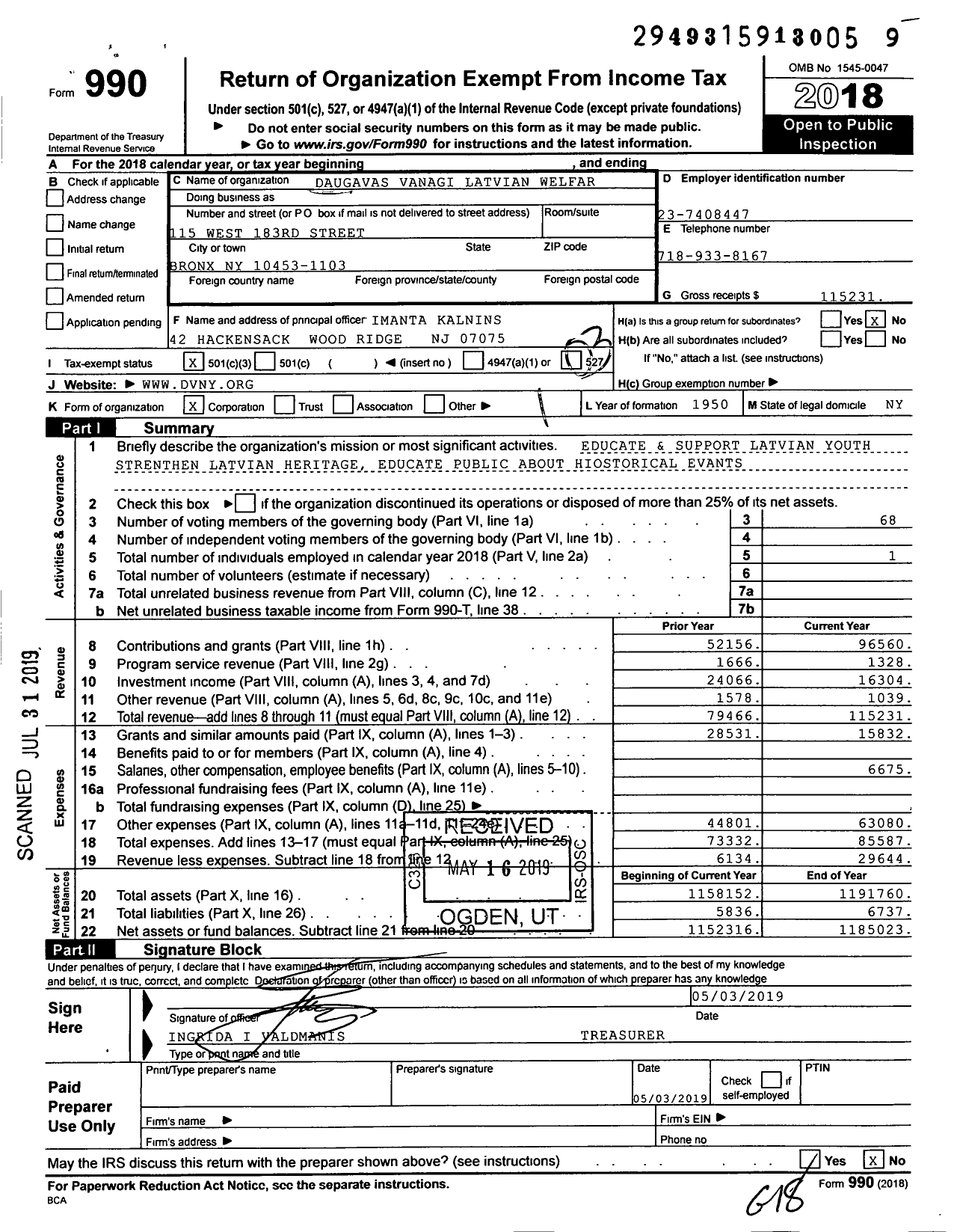 Image of first page of 2018 Form 990 for Daugavas Vanagi Latvian Welfare Association